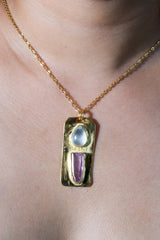 Brass Pendant adorned with Teardrop Moonstone & Vera Cruz Amethyst - Gold Plated - Double Bail Design