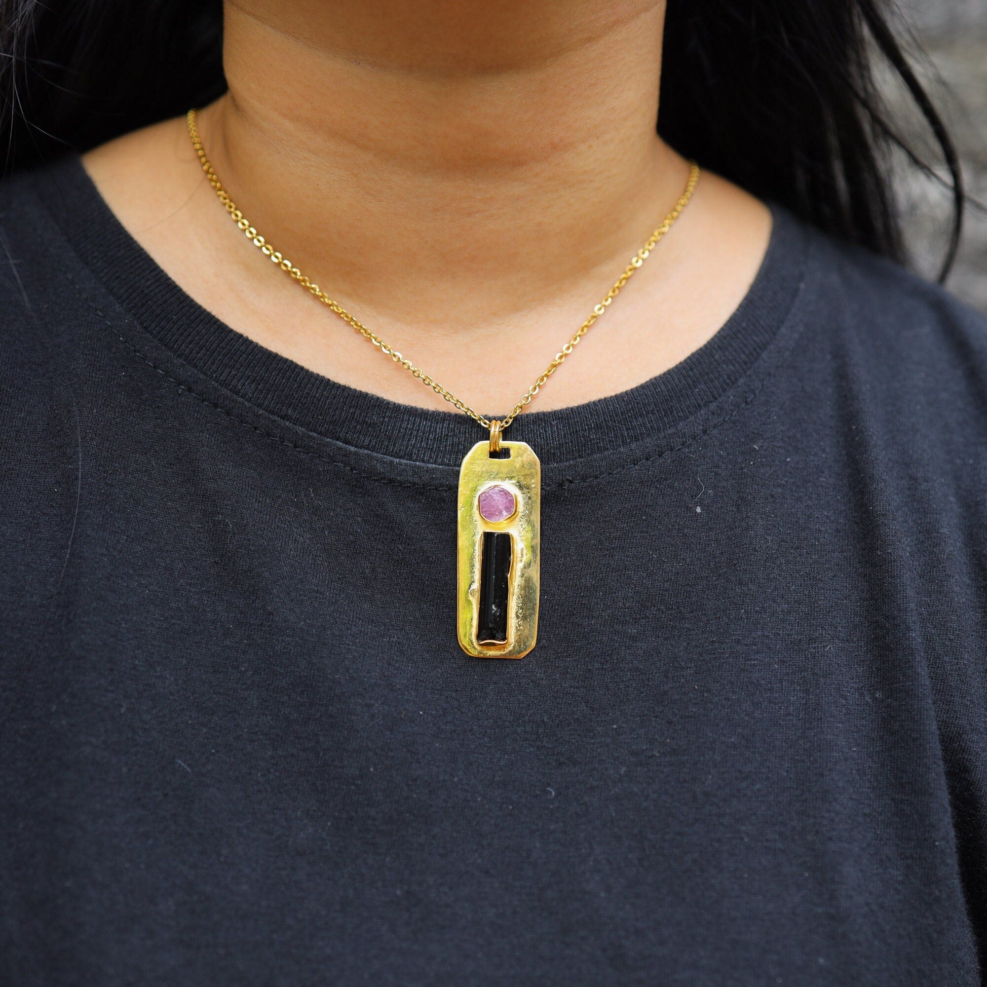 Ruby & Black Tourmaline - Brass Pendant - Gold Plated - Harmony and Contrast