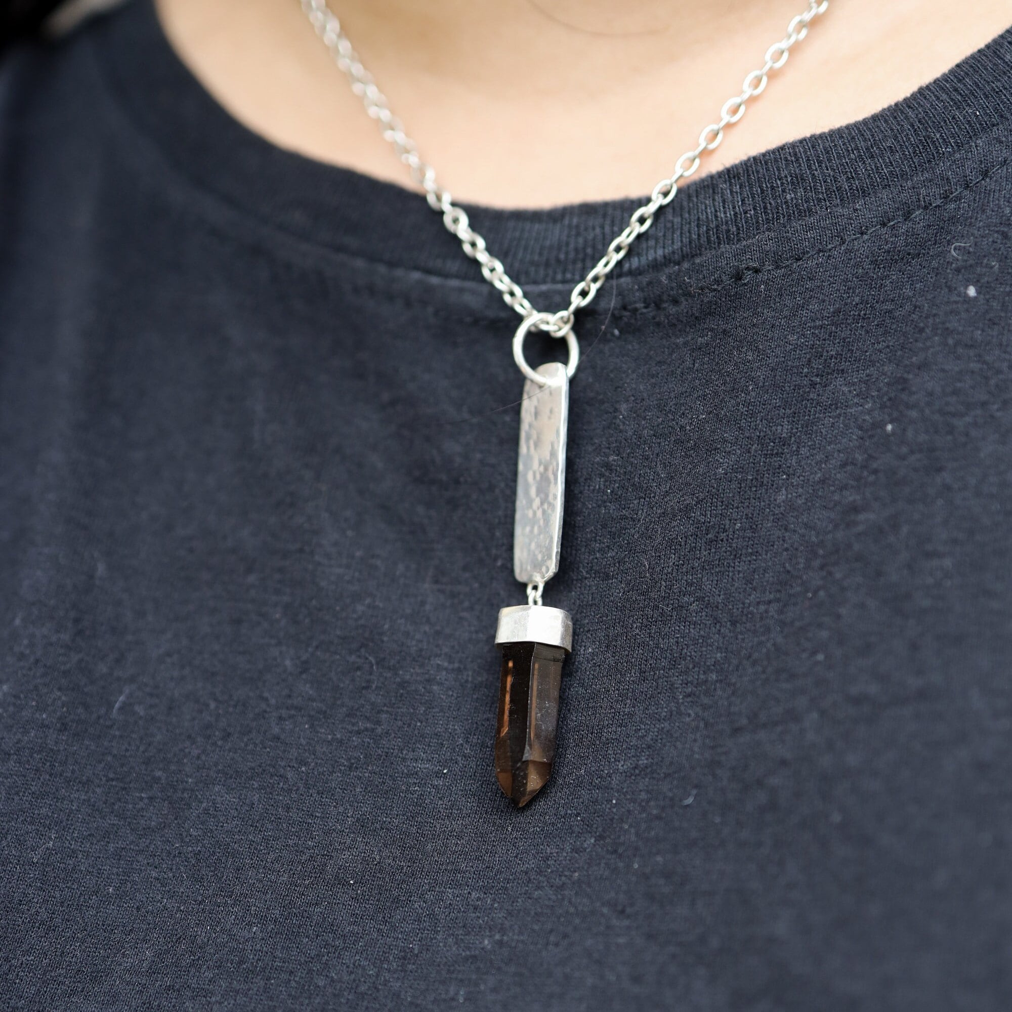 Smoky Quartz Point Pendant - Sterling Silver - Hammer Texture & Shiny Finish