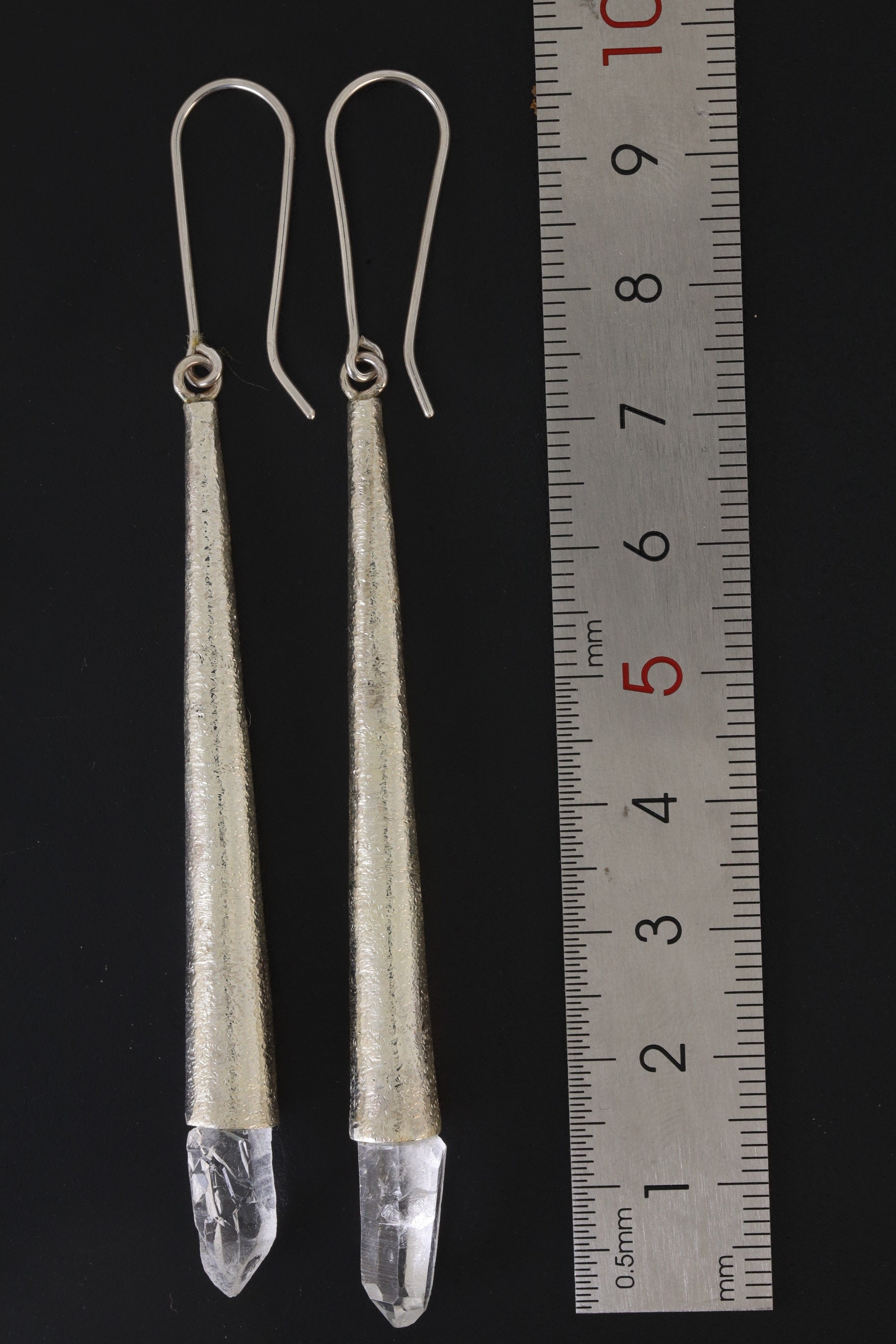 Sterling Silver Earrings with Lemurian Quartz Point Silver Spire Cones - High Shine Polish Sand Textured Finish - Enhances Energy & Healing