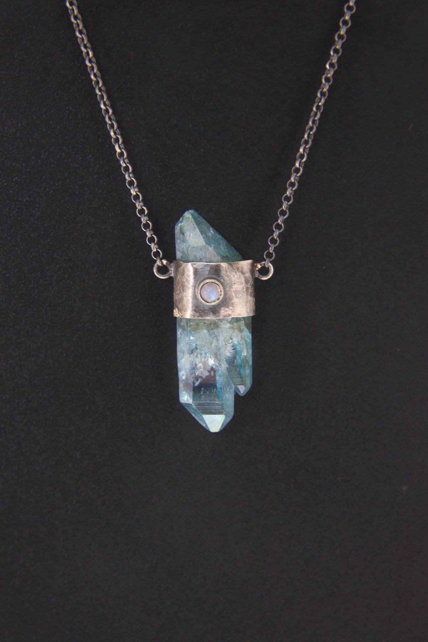 Twin DT Aqua Aura Quartz Point, Ethiopian Opal & Blue Moonstone Pendant Textured and Oxidized Sterling Silver, Wrapped Crystal 16-Inch Chain