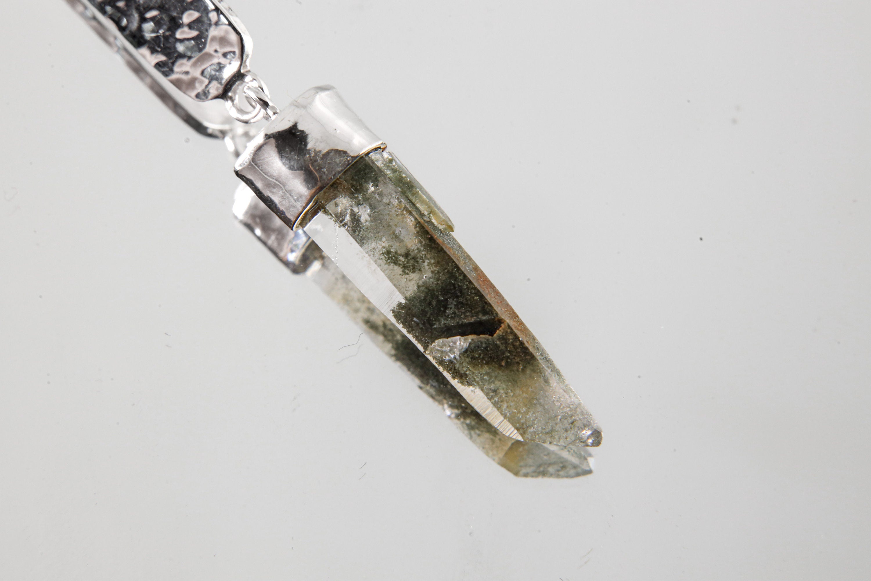 Raw Gem Himalayan Quartz Pendant - Sterling Silver & Textured - Flat Shape