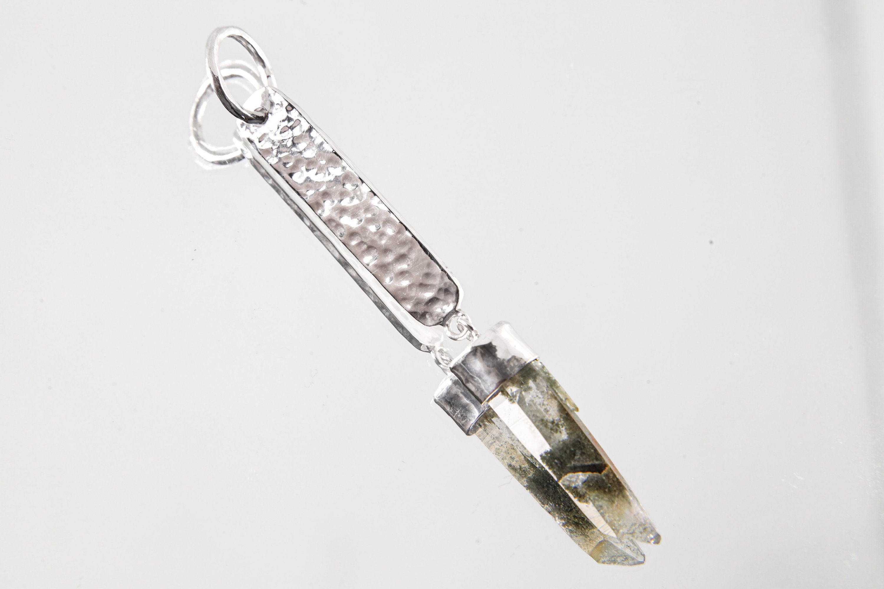 Raw Gem Himalayan Quartz Pendant - Sterling Silver & Textured - Flat Shape