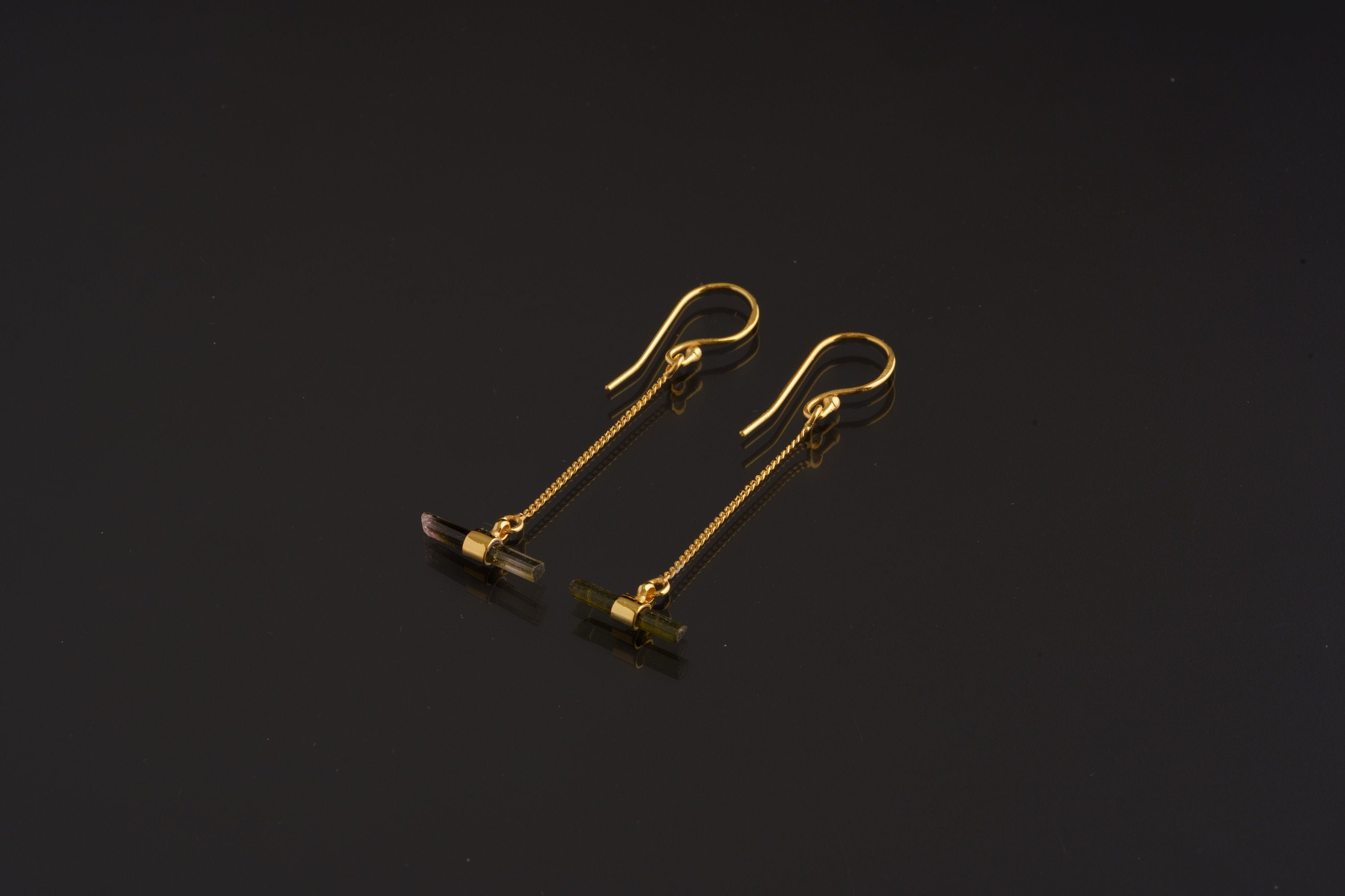 Individual Gold-Plated Sterling Silver Hook Earrings with Horizontal Set and Wrapped Watermelon Tourmaline Drops, Emotional Healing