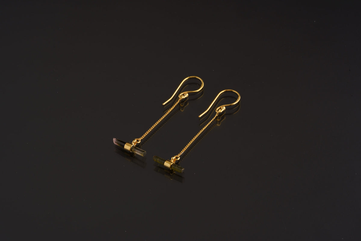 Individual Gold-Plated Sterling Silver Hook Earrings with Horizontal Set and Wrapped Watermelon Tourmaline Drops, Emotional Healing