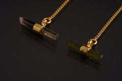 Individual Gold-Plated Sterling Silver Hook Earrings with Horizontal Set and Wrapped Watermelon Tourmaline Drops, Emotional Healing