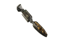 Old Cut Turquoise, High Grade Golden Rutile Tooth - Sterling Silver Pendant - Oxidized and Brush Texture