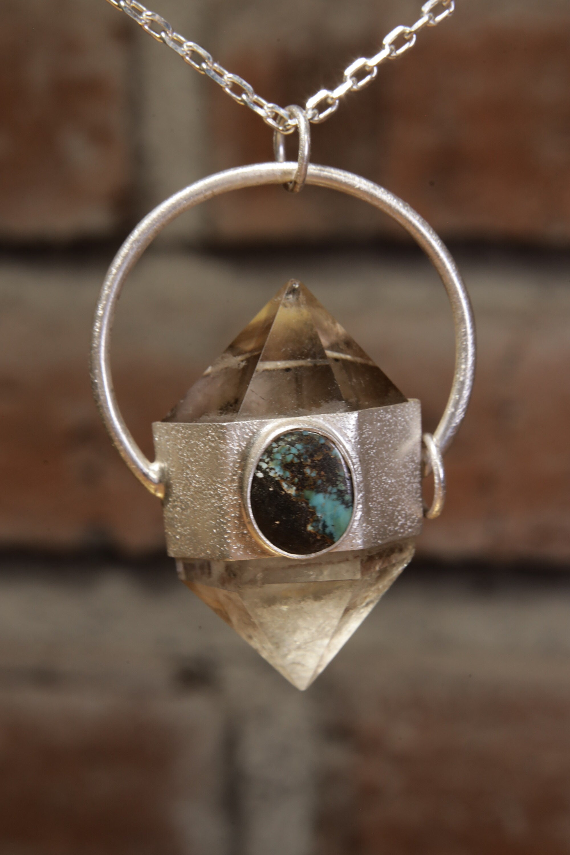 Sterling Silver Wrapped Pendant with Sand-Textured Oval, Cut Double Terminated Citrine Generator Quartz Crystal & Two Oval Tibetan Turquoise