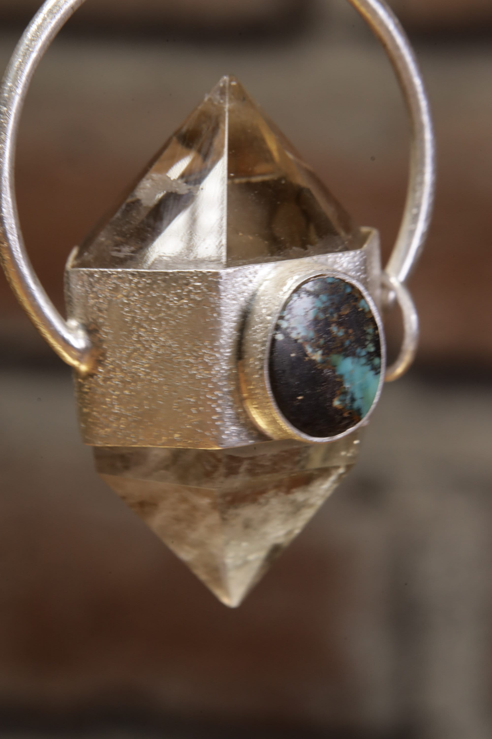 Sterling Silver Wrapped Pendant with Sand-Textured Oval, Cut Double Terminated Citrine Generator Quartz Crystal & Two Oval Tibetan Turquoise