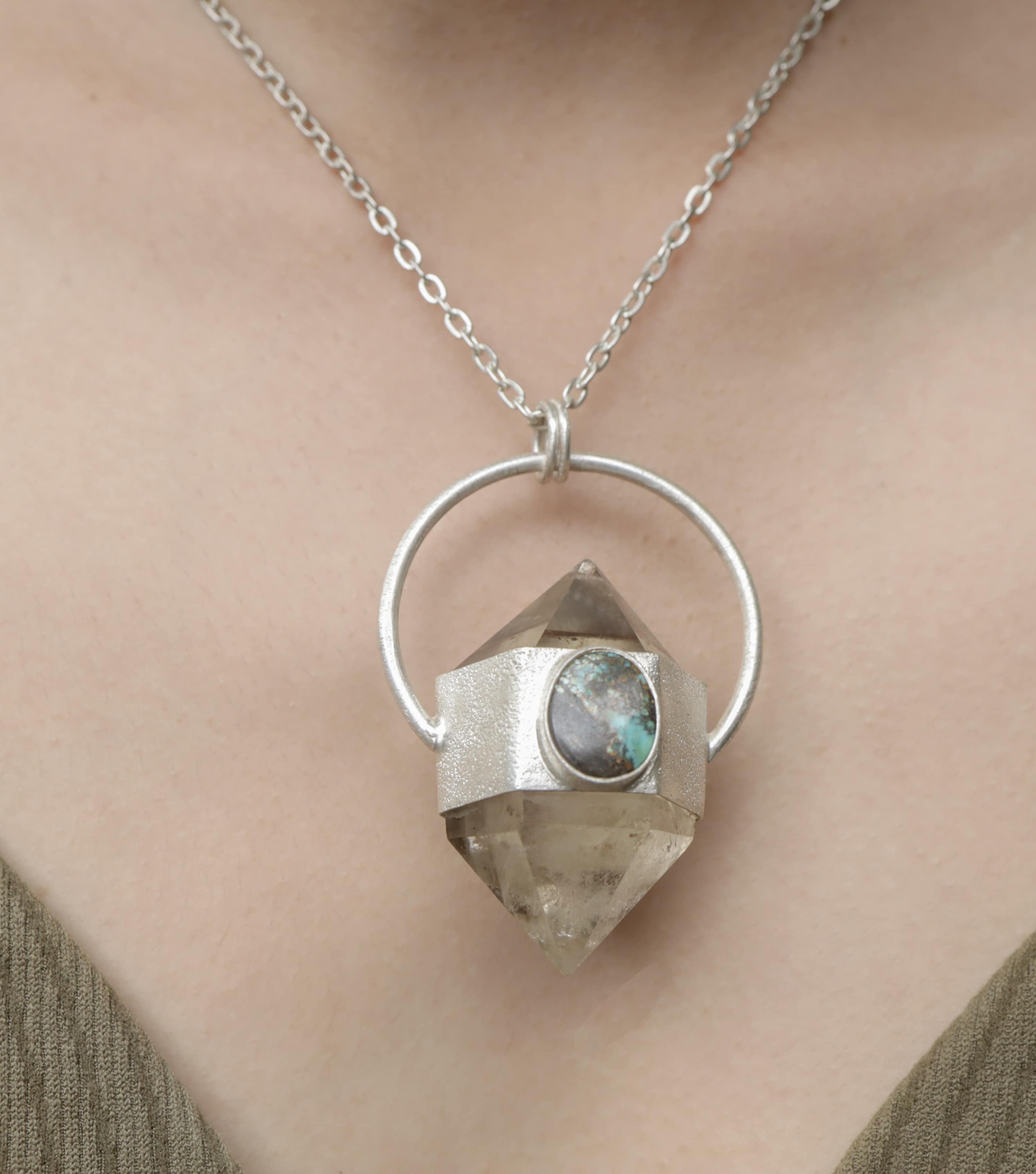 Sterling Silver Wrapped Pendant with Sand-Textured Oval, Cut Double Terminated Citrine Generator Quartz Crystal & Two Oval Tibetan Turquoise