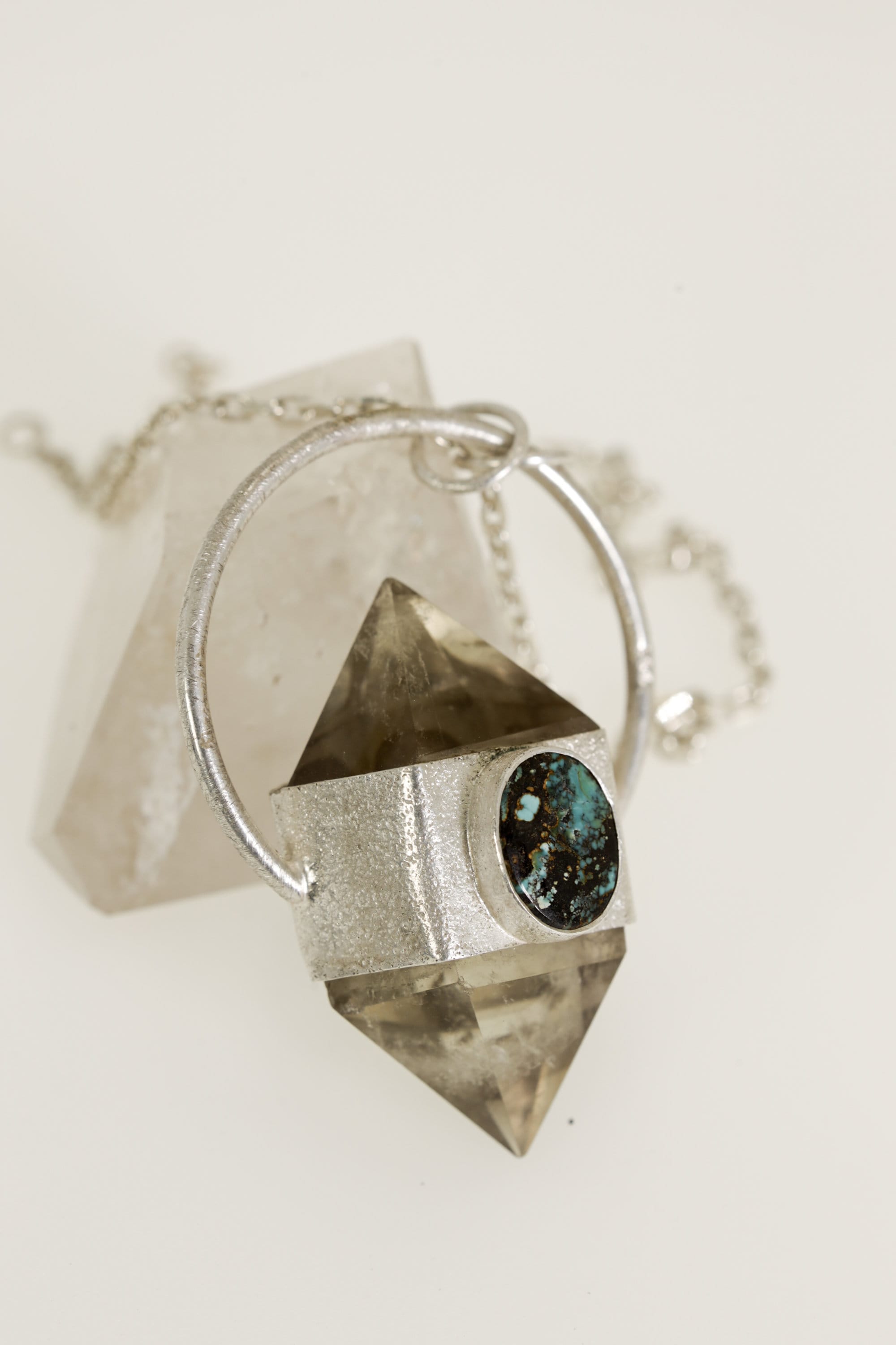 Sterling Silver Wrapped Pendant with Sand-Textured Oval, Cut Double Terminated Citrine Generator Quartz Crystal & Two Oval Tibetan Turquoise