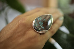 Sterling Silver Adjustable Ring, Large Teardrop Himalayan Turquoise, Textured Ring Band, modern Wavey Bezel Unisex Design Fits Sizes 5-12 US