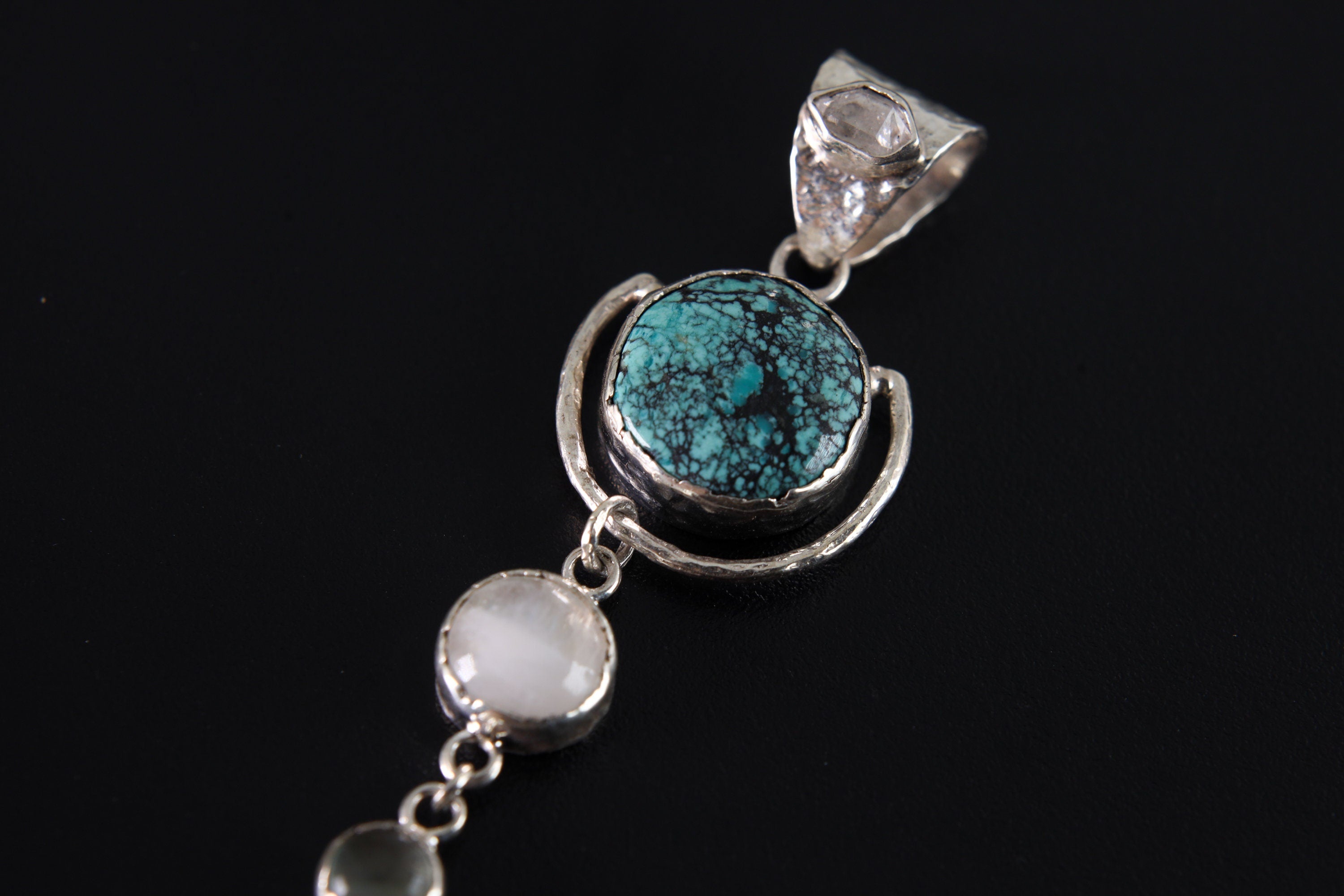 Sterling Silver Pendant with Round Turquoise, Orbital Dangling Moonstones, Aquamarine Textured Finish, Balance & Spiritual Awareness