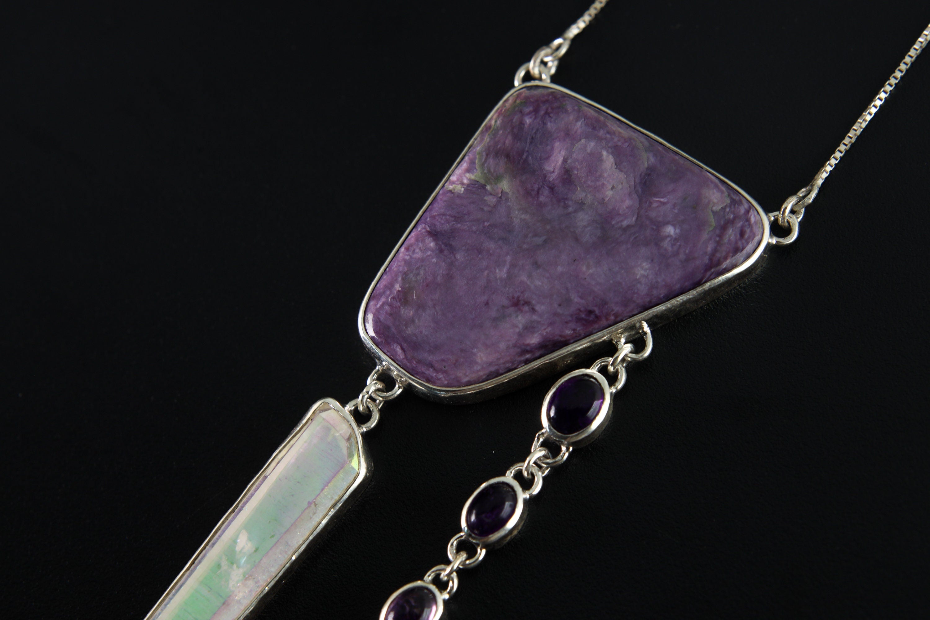 AA Charoite with Dangling Angel Aura DT Quartz & Amethyst Chain, Vera Cruz Point Pendant, Sterling Silver, 16-Inch crystal Necklace