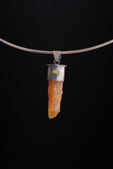 Unique Sterling Silver Pendant with Rare Orange Calcite and Faceted Ethiopian Opal Necklace, Oxidized and Textured, Crystals Amulet