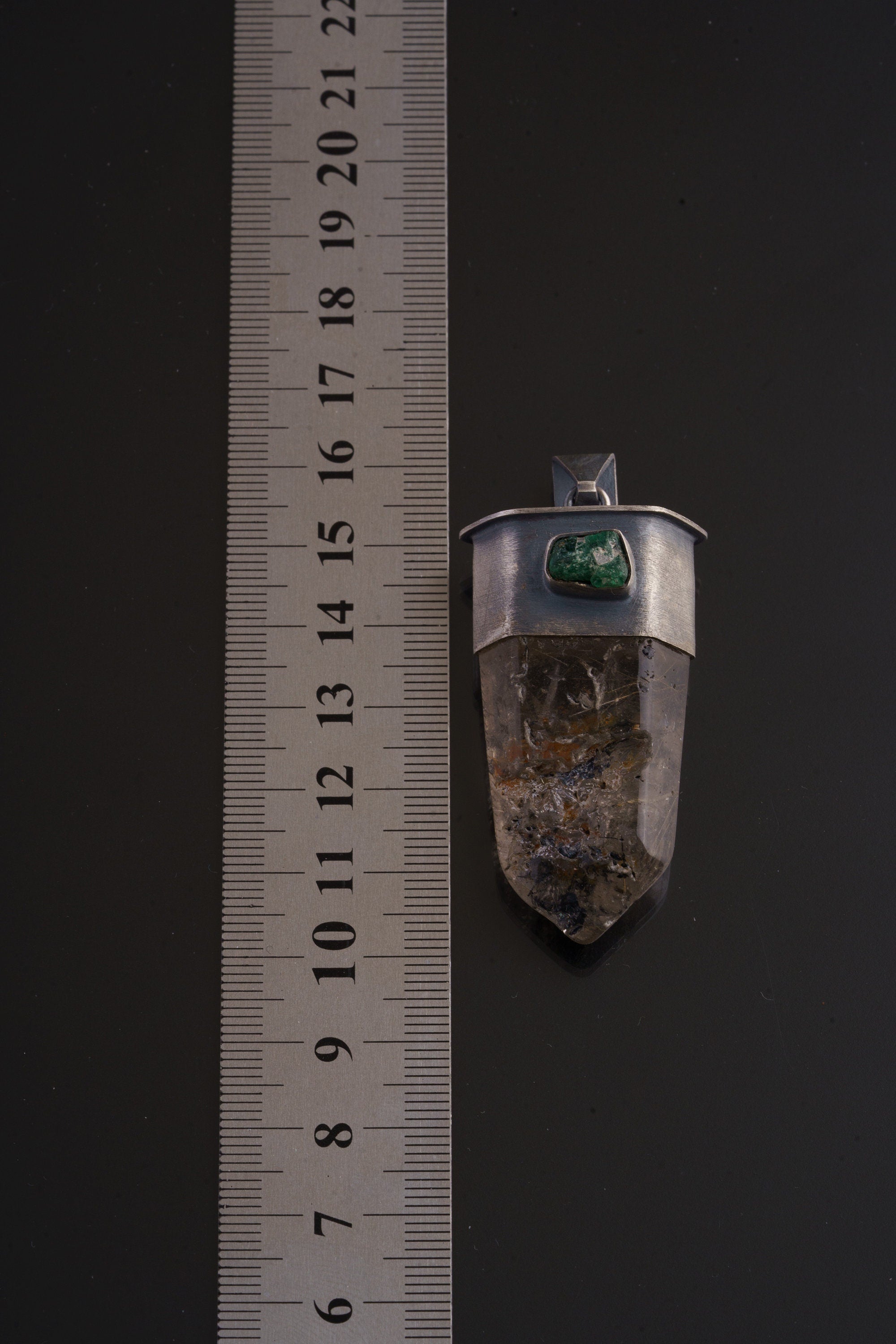 Edgy Industrial Design Crystal Pendant with Australian Raw Gemmy Emerald & Inclusion Quartz Point, Textured Oxidized Sterling Silver