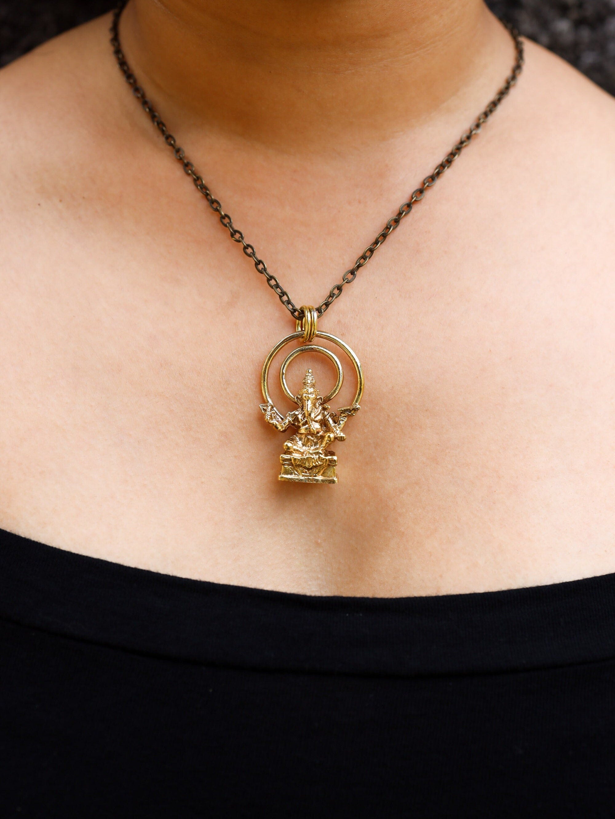 Eternal Ganesha Double Halo Talisman, Gold Plated Brass Charm, Cast Pendant, Symbol of Wisdom & New Beginnings, Spiritual Hindu Jewelry