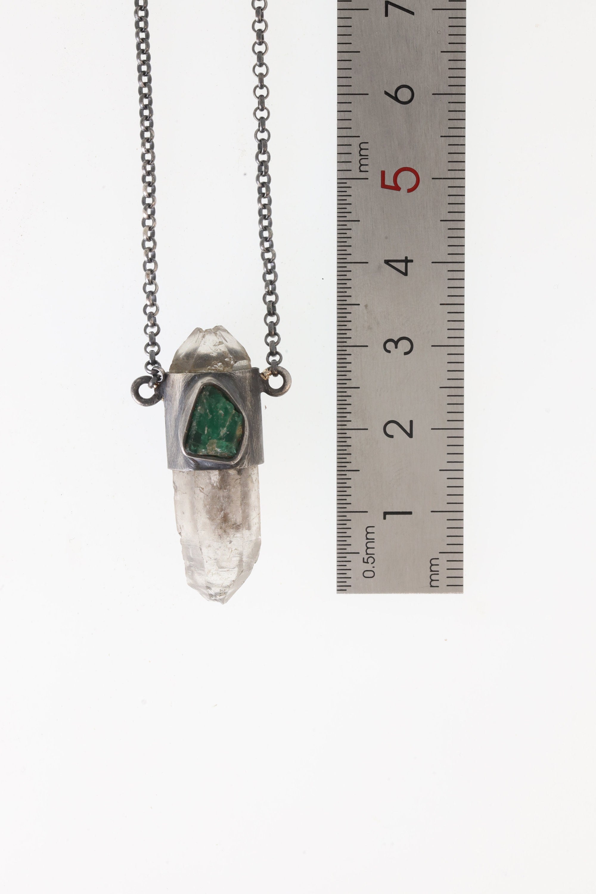 Link Chain Necklace Vera Cruz Anhydro Amethyst & Large Raw Australian Gem Emerald Textured Oxidized Sterling Silver Pendant, Wrapped Crystal