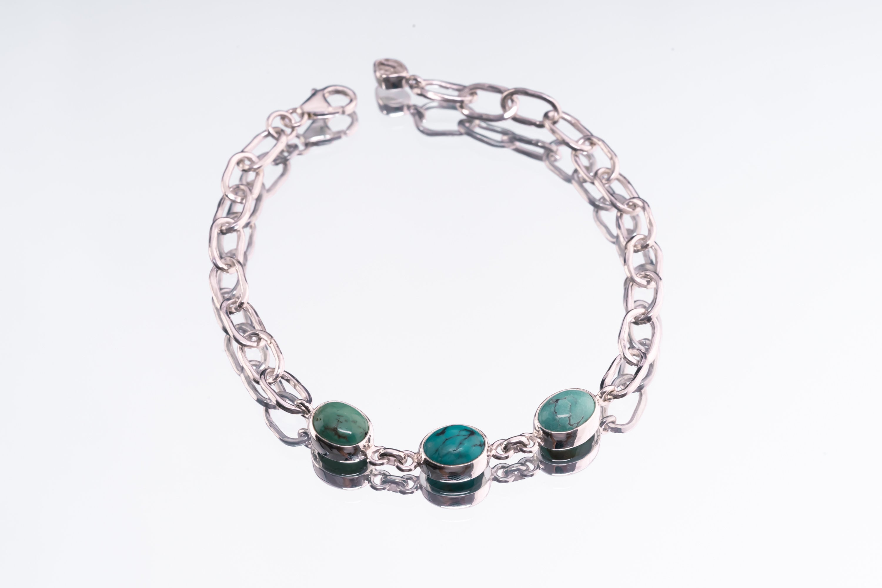 Adjustable Crystal Bracelet with Tibetan Turquoise & Herkimer Diamond Charm 925 Sterling Silver Hammered Thick Link Chain Polished Finish