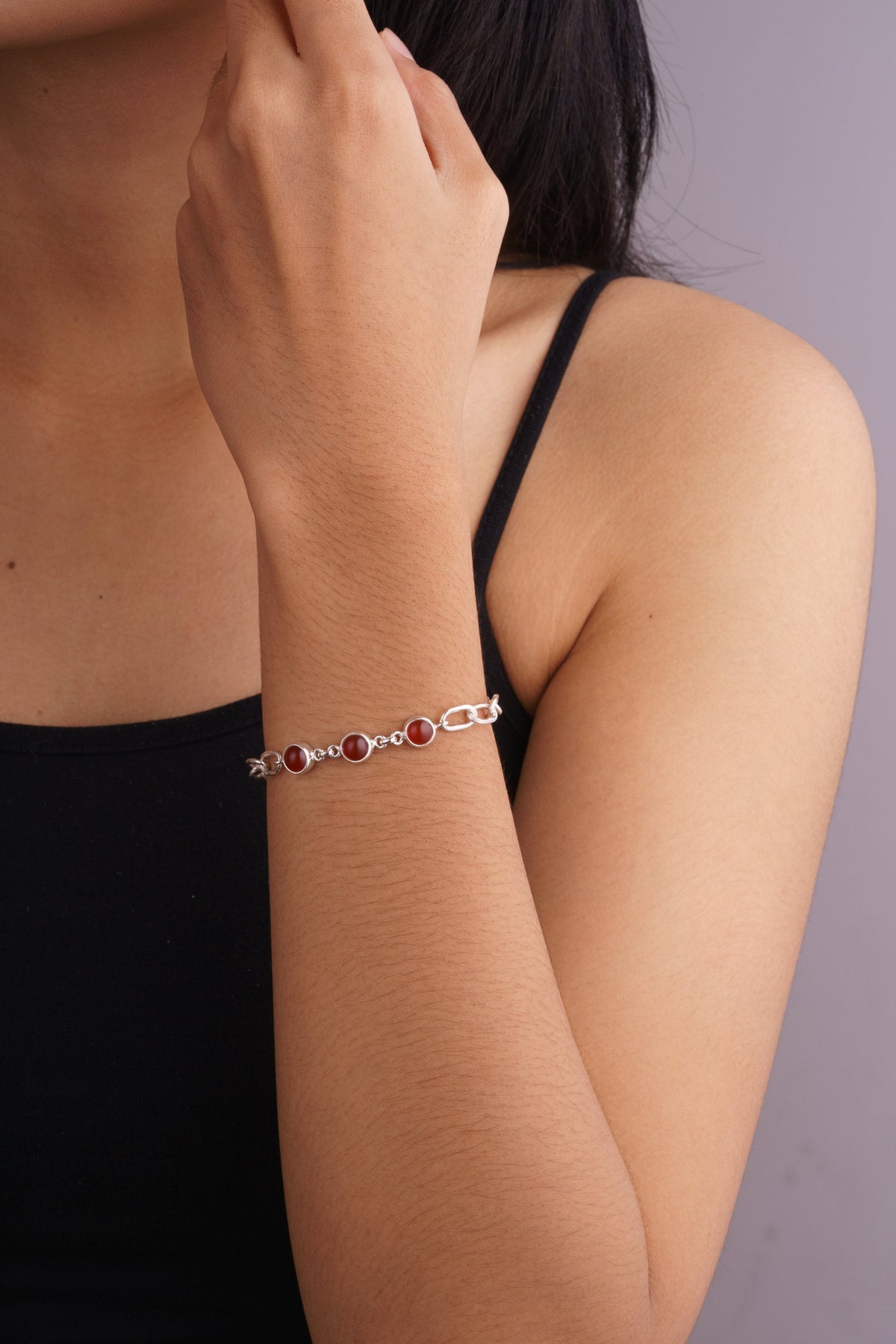 Adjustable Crystal Bracelet with Red Australian Carnelian, Herkimer Diamond 925 Sterling Silver Chain, Hammered Thick Link, Polished Finish