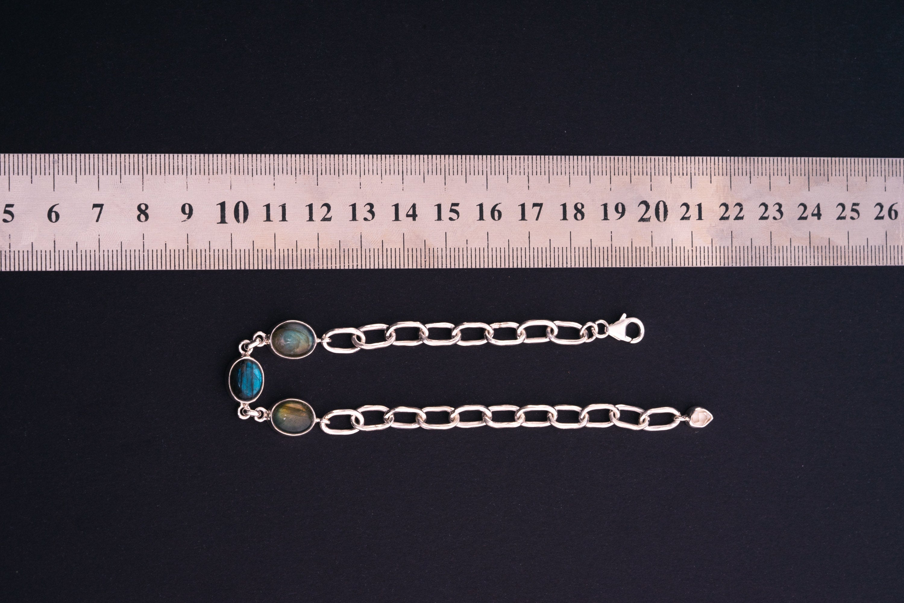 Crystal Bracelet Adjustable with Three Labradorite & Herkimer Diamond Charm 925 Sterling Silver Hammered Thick Link Chain Polished Finish