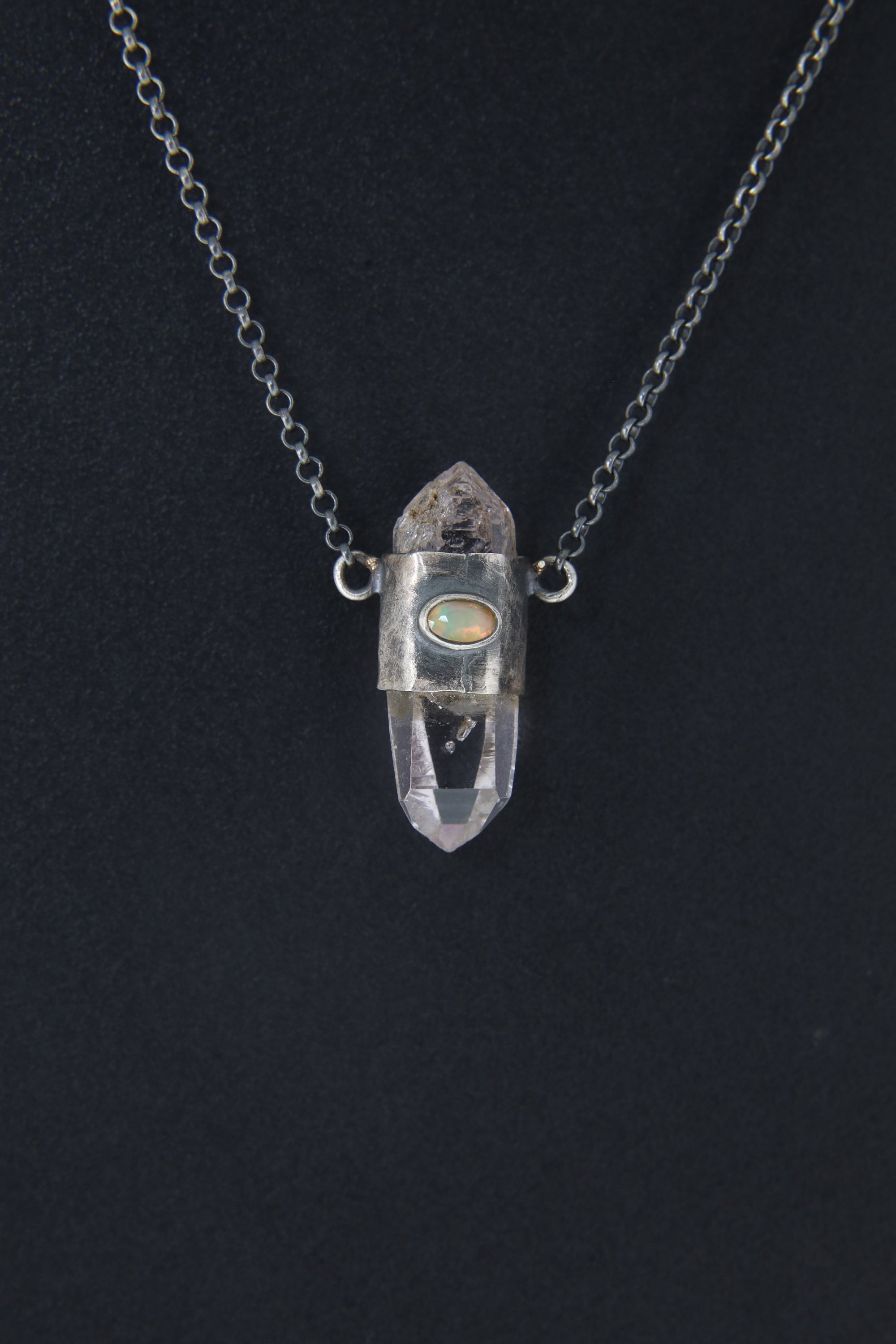 DT Vera Cruz Amethyst, Ethiopian Opal & Blue Moonstone Pendant -Textured and Oxidized Sterling Silver - Wrapped Crystal - 16-Inch Link Chain