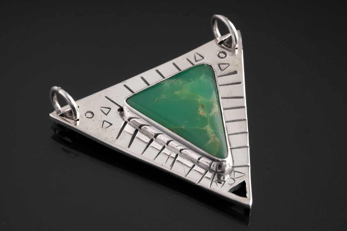 Gemmey Australian Chrysoprase Triangle - 925 Silver Pendant - Flat - Textured - High Shine Polished - Powerful Emotional Healing