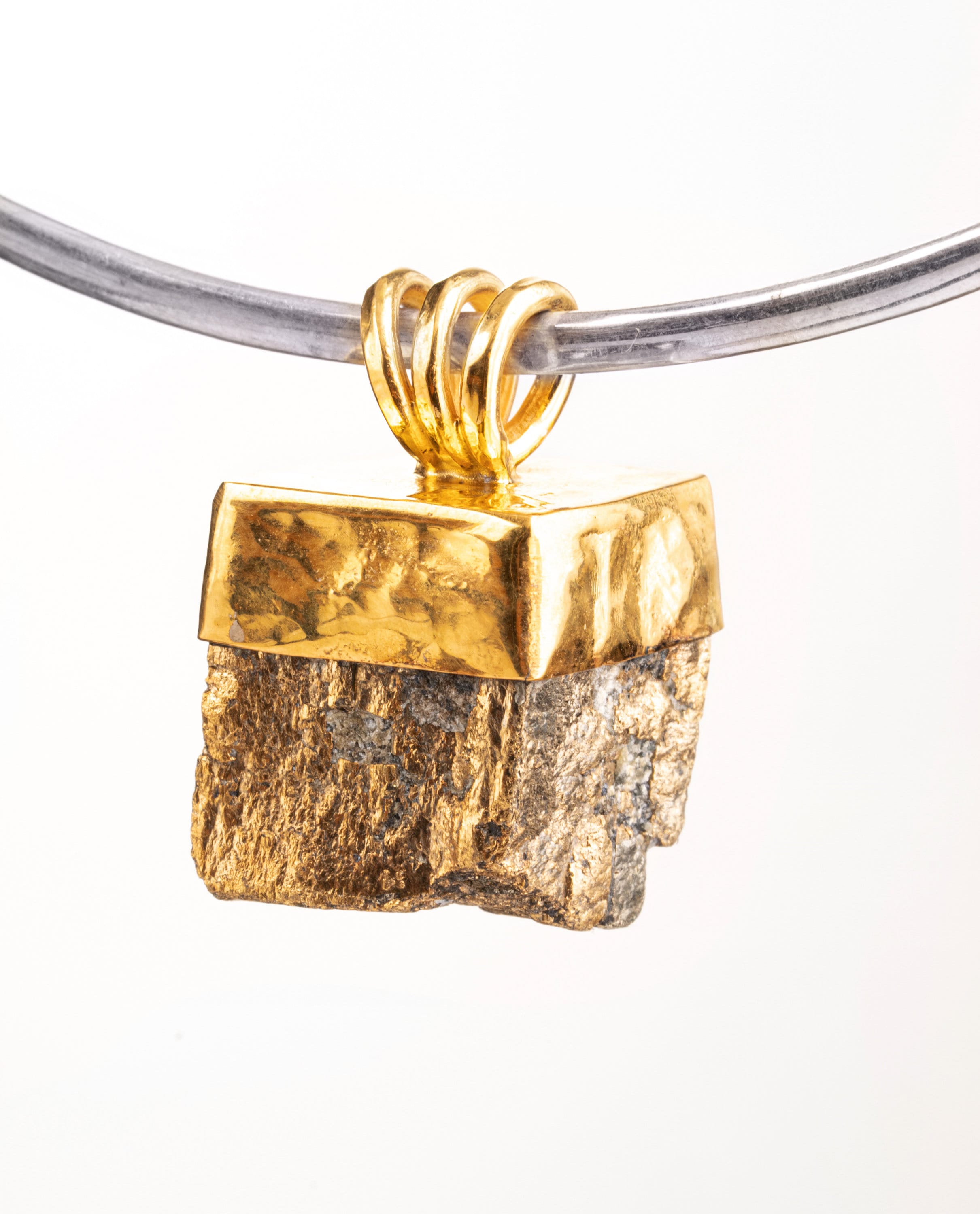 Gold Plated Pyrite Cube Beacon - Sterling Silver Pendant - Hammered Texture - Gold Plated