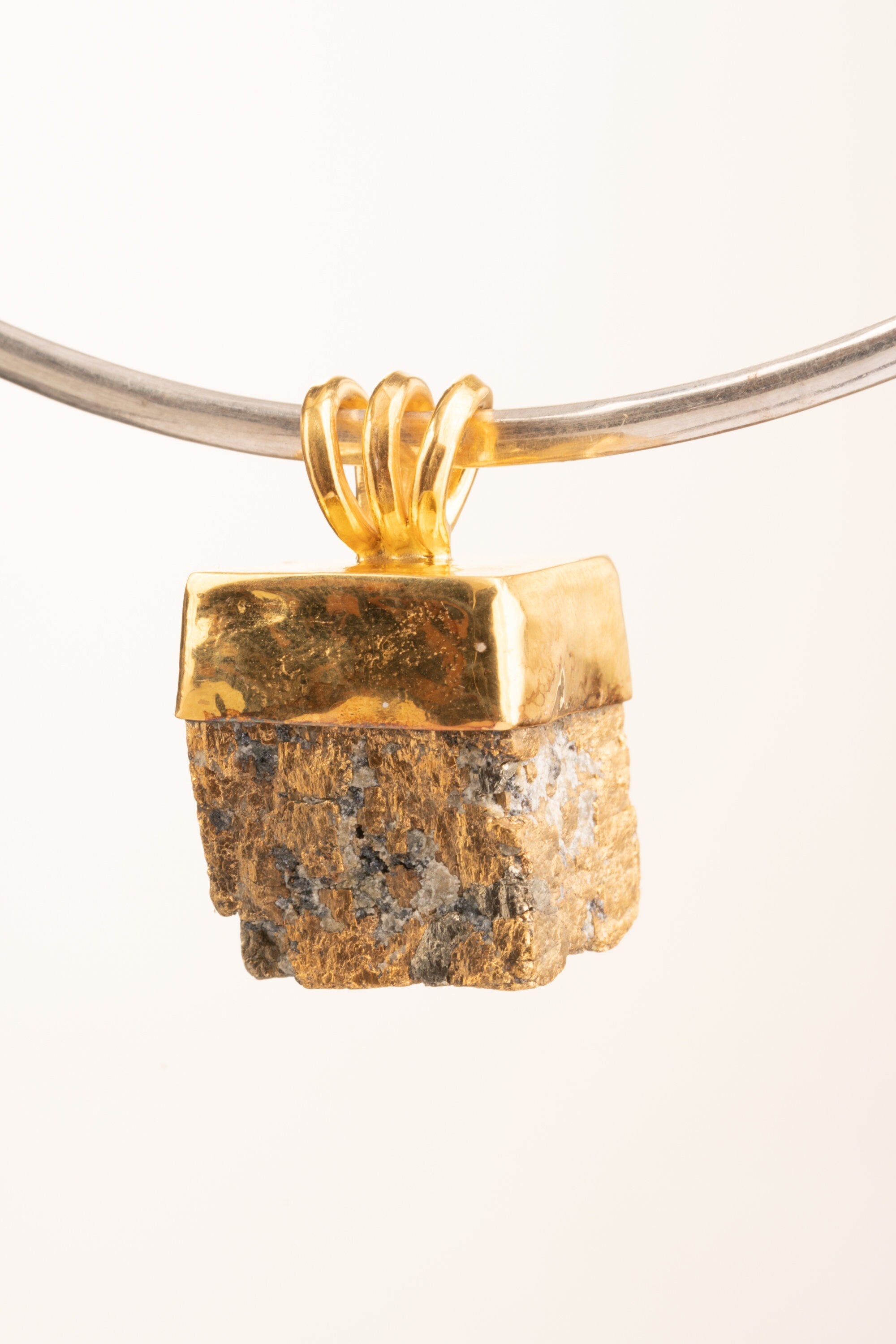 Gold Plated Pyrite Cube Beacon - Sterling Silver Pendant - Hammered Texture - Gold Plated