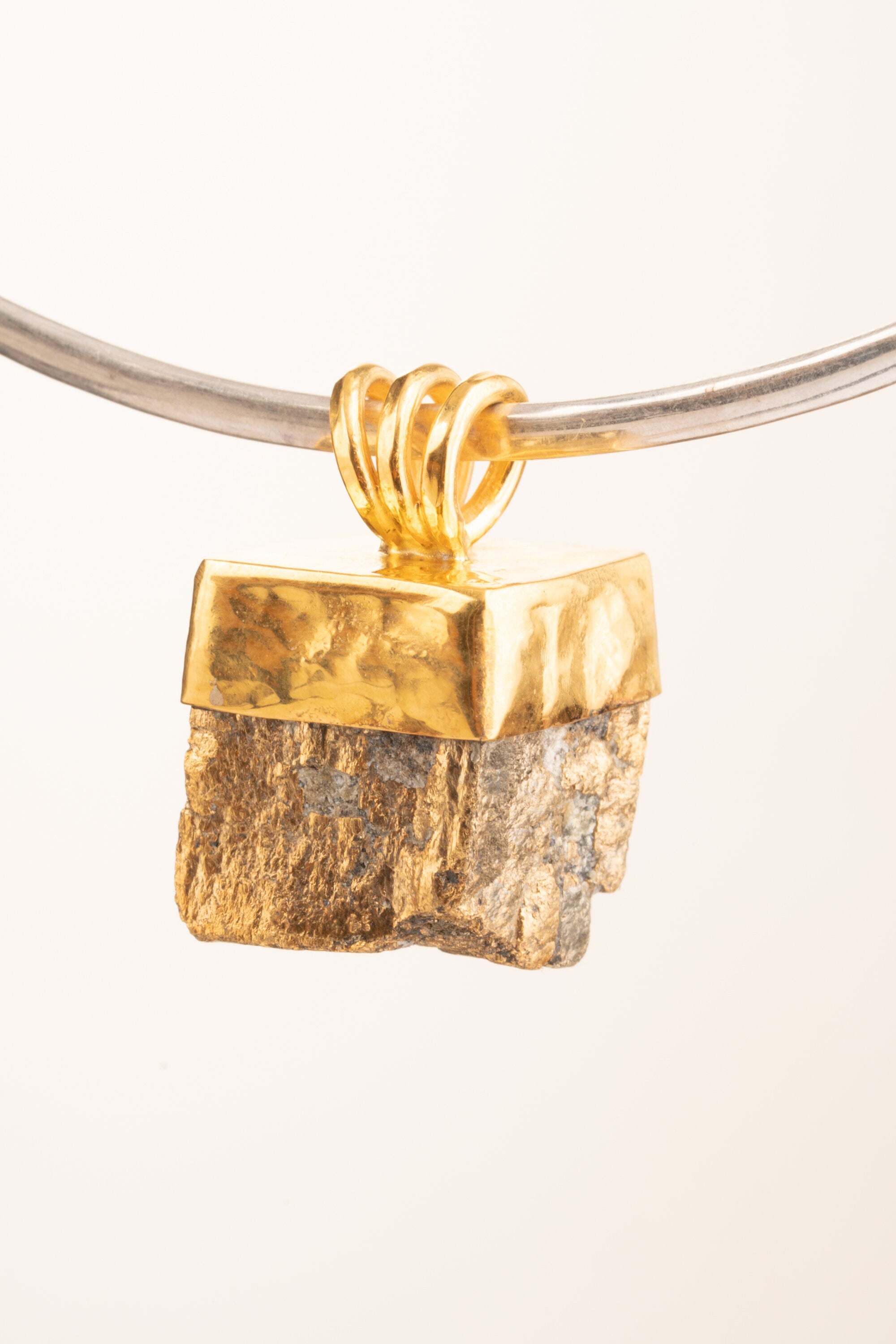 Gold Plated Pyrite Cube Beacon - Sterling Silver Pendant - Hammered Texture - Gold Plated