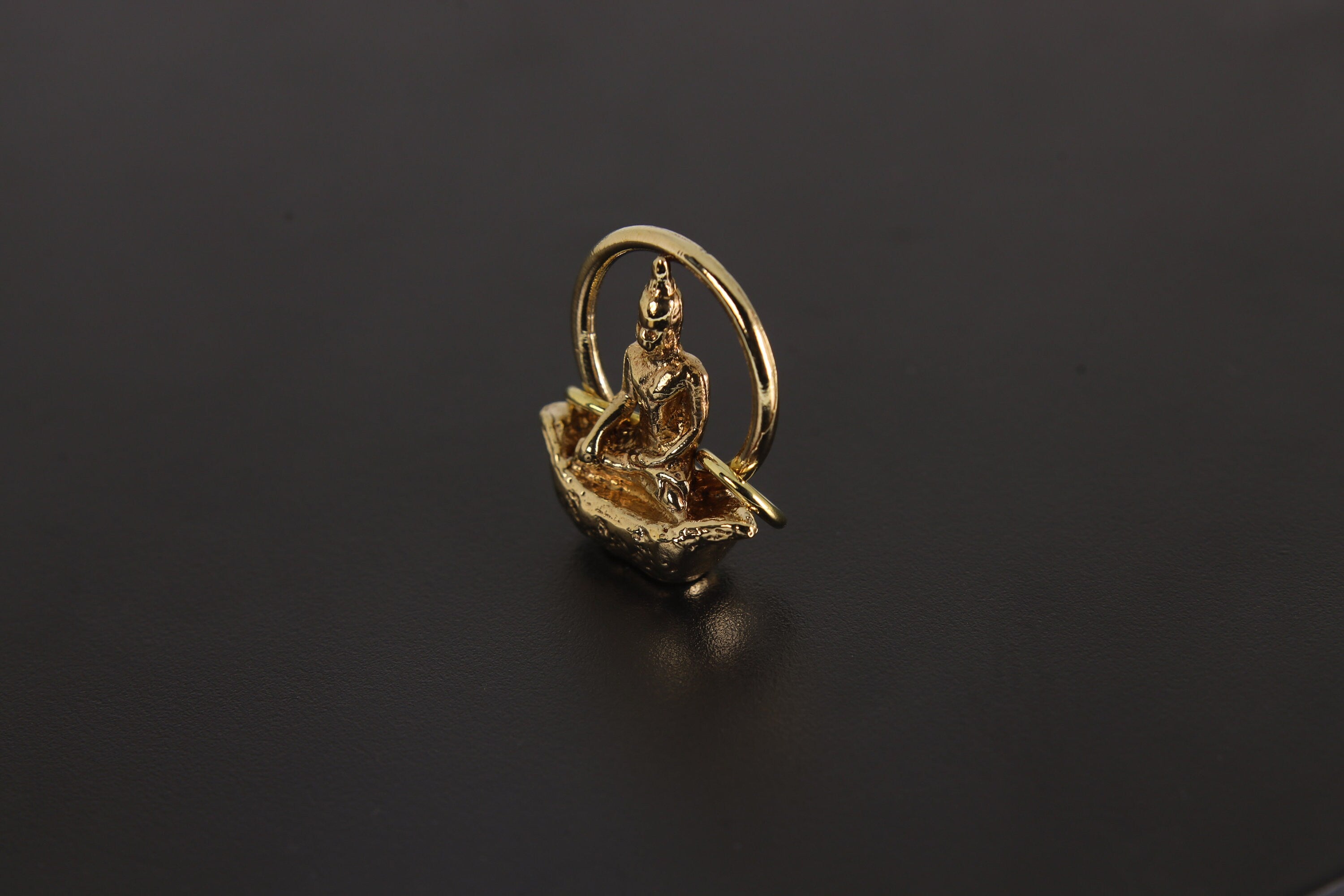 Cast Pendant with Buddha Sitting on Boat Talisman, Gold Plated Brass Charm, Inner Peace & Prosperity, Buddhist Spiritual Jewelry