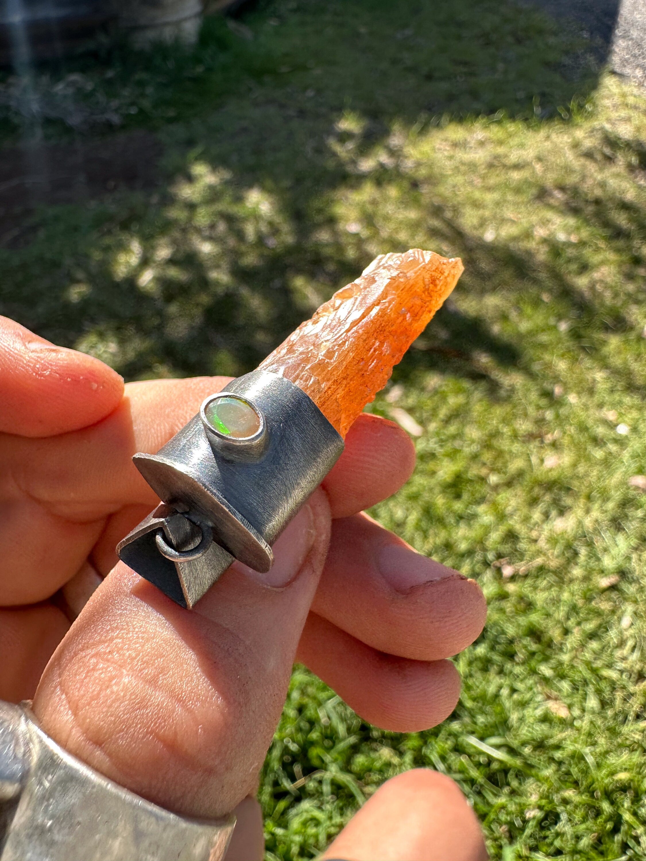 Unique Sterling Silver Pendant with Rare Orange Calcite and Faceted Ethiopian Opal Necklace, Oxidized and Textured, Crystals Amulet