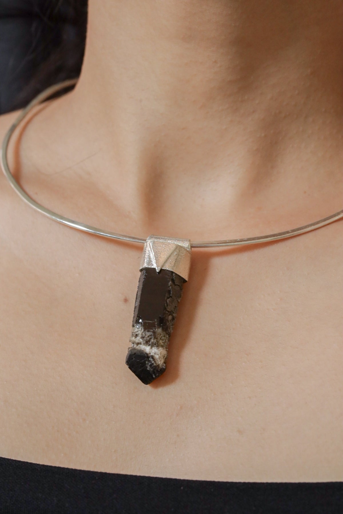 Himalayan Dark Smoky Skeletal Quartz Point Stack Pendant, Organic Textured Sterling Silver, Root Chakra, Capricorn, Unique Gift