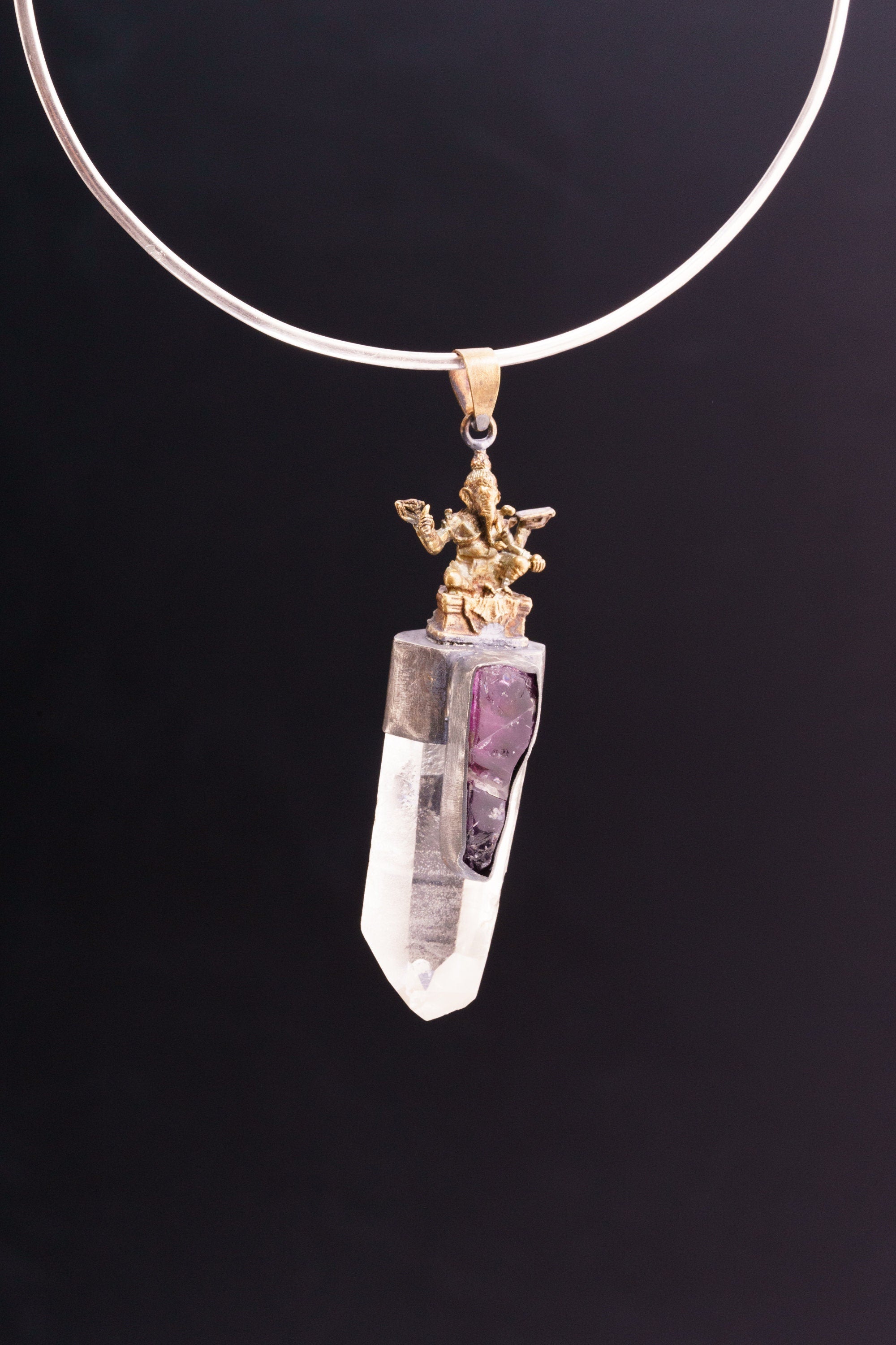 Divine Ganesha Necklace with Lemurian Quartz Point & Raw Gemmy Amethyst, Brushed Sterling Silver Set, Brass Cast Ganesha, Spiritual Charm