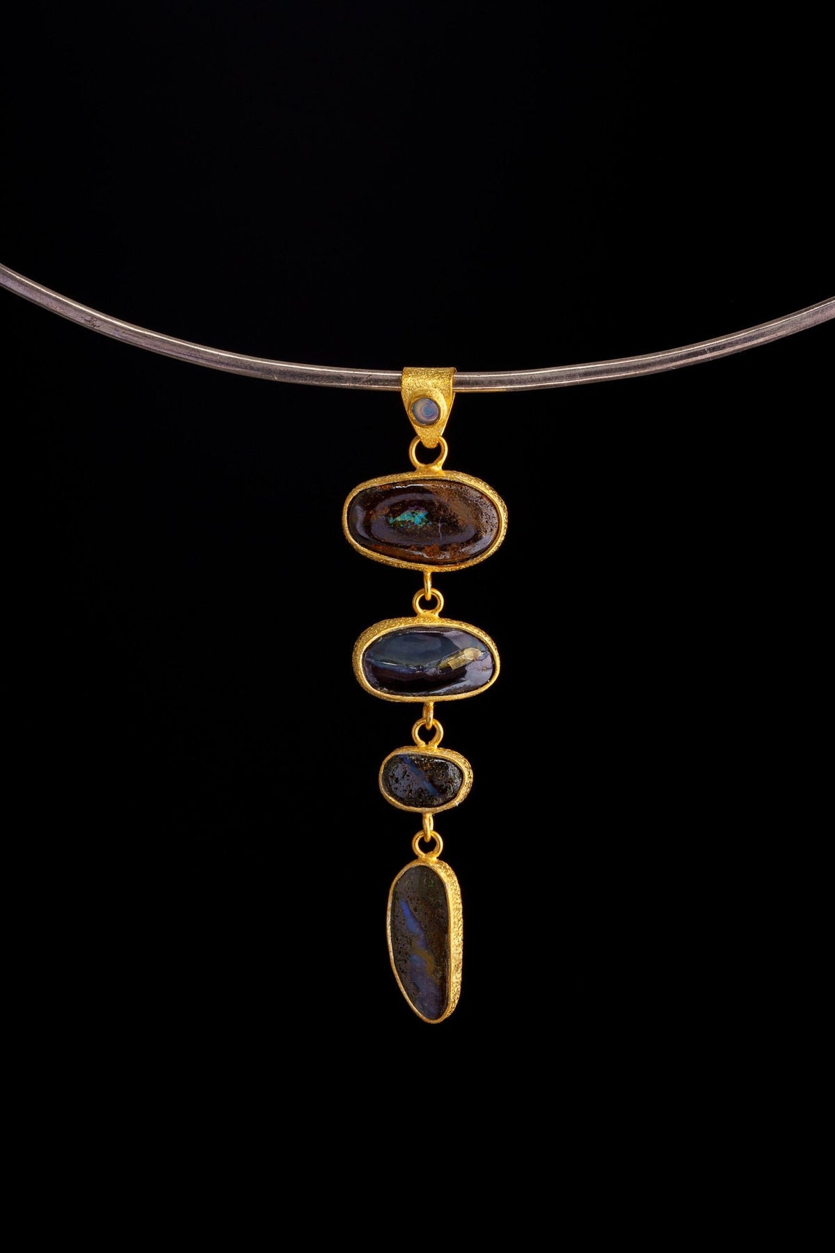 Dangling Necklace Featuring Four Australian Boulder Opals Crowned with Gemmy Black Opal, Sand Textured Gold-Plated Sterling Silver Pendant