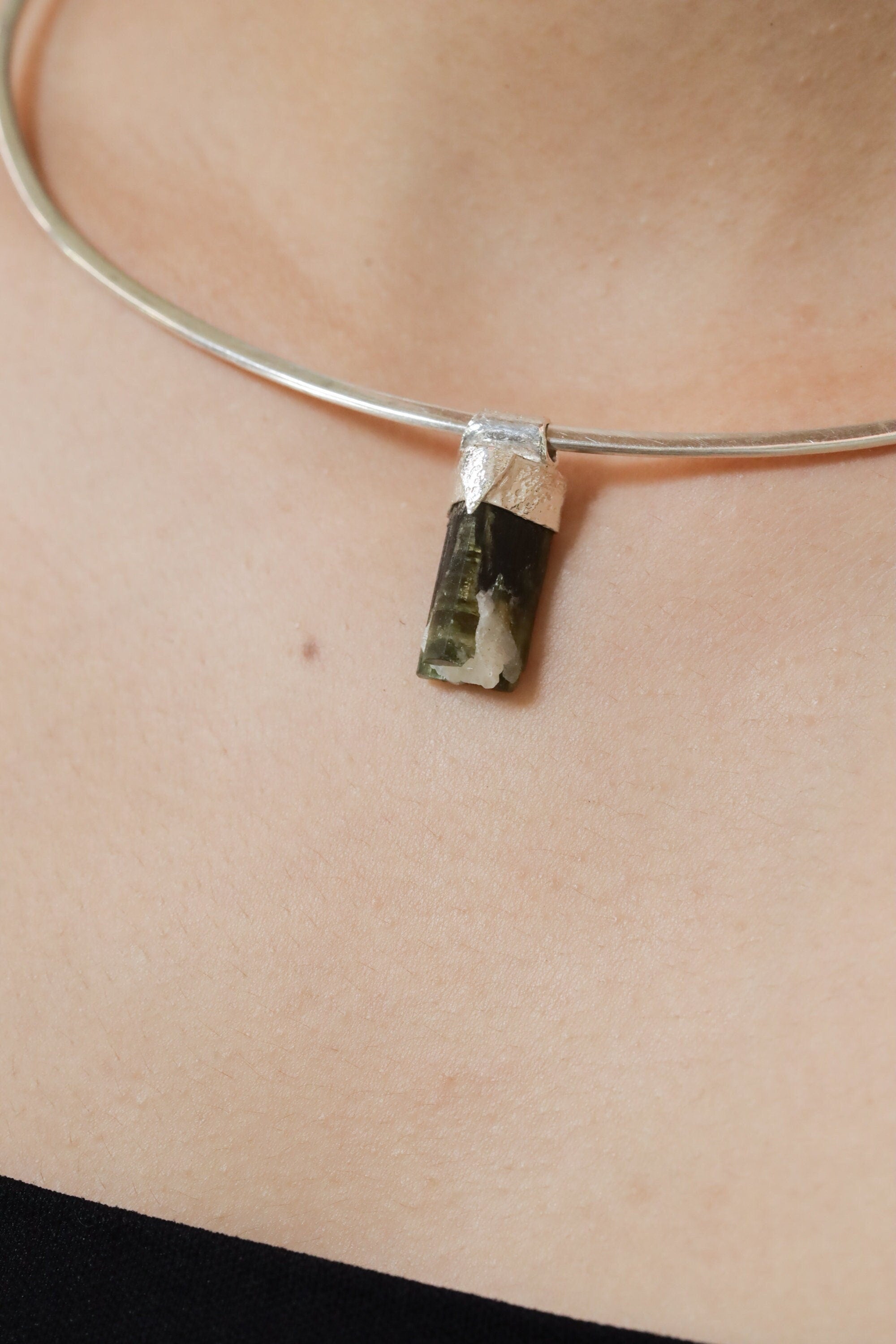 Himalayan Green Capped Gem Tourmaline Stack Pendant, Organic Textured 925 Sterling Silver, Heart Chakra, Emotional Balance, Unique Gift