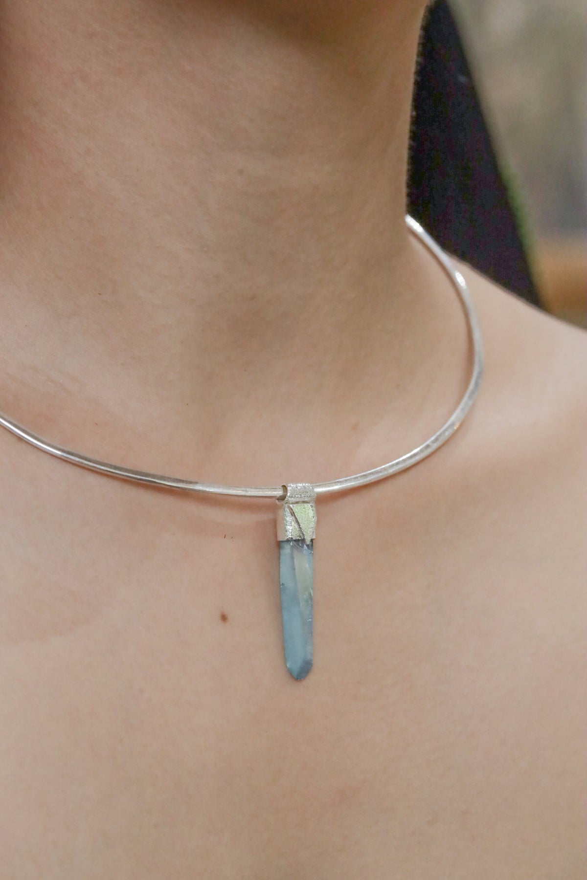 Lemurian Laser Aqua Aura Quartz Point Stack Pendant, Organic Textured 925 Sterling Silver, Throat Chakra,Aquarius Zodiac,Unique Gift - No/02