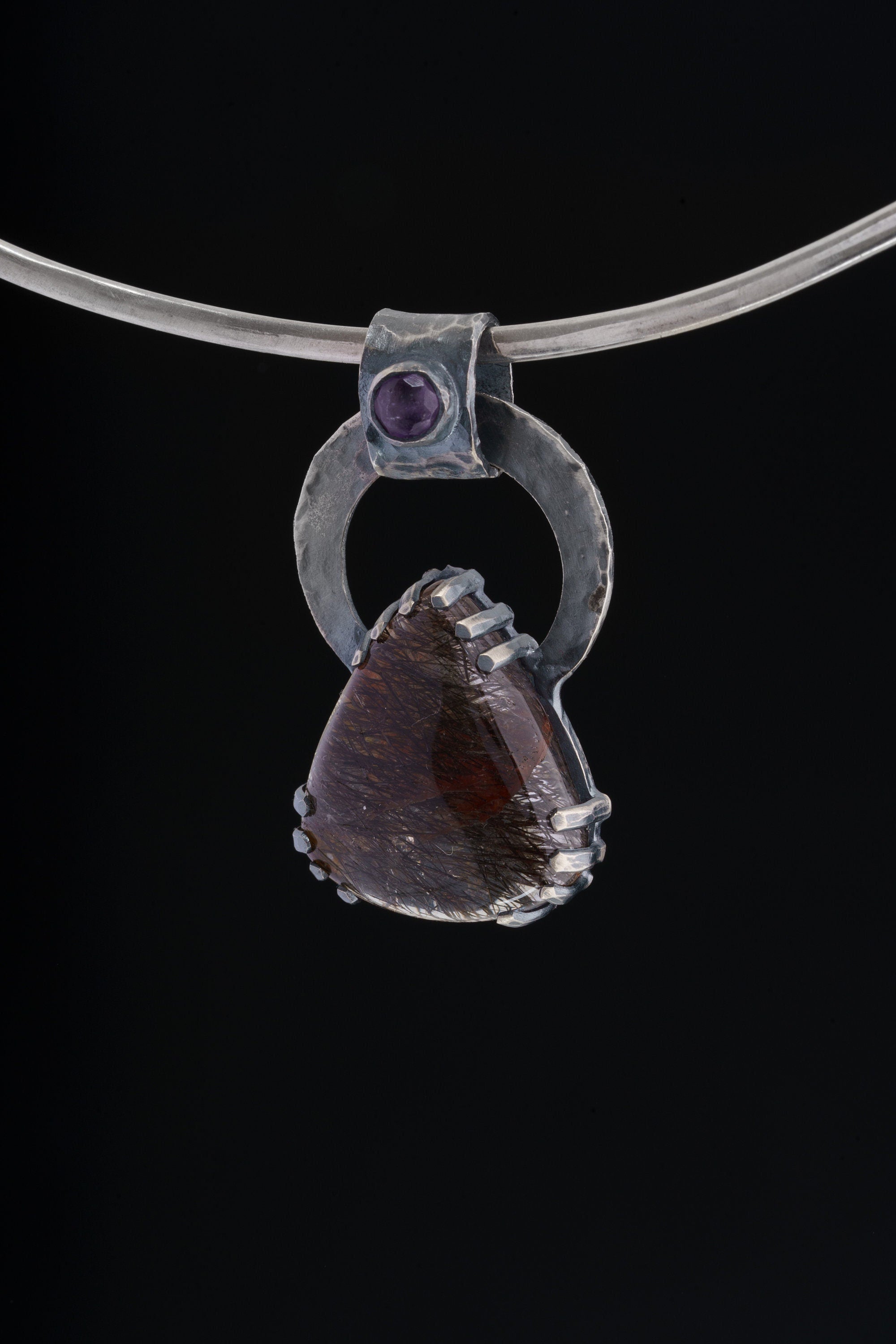 The Amethyst Odyssey: Black Rutile Quartz and Gem Amethyst - Oxidised Hammered Sterling Silver - Claw Set Pendant