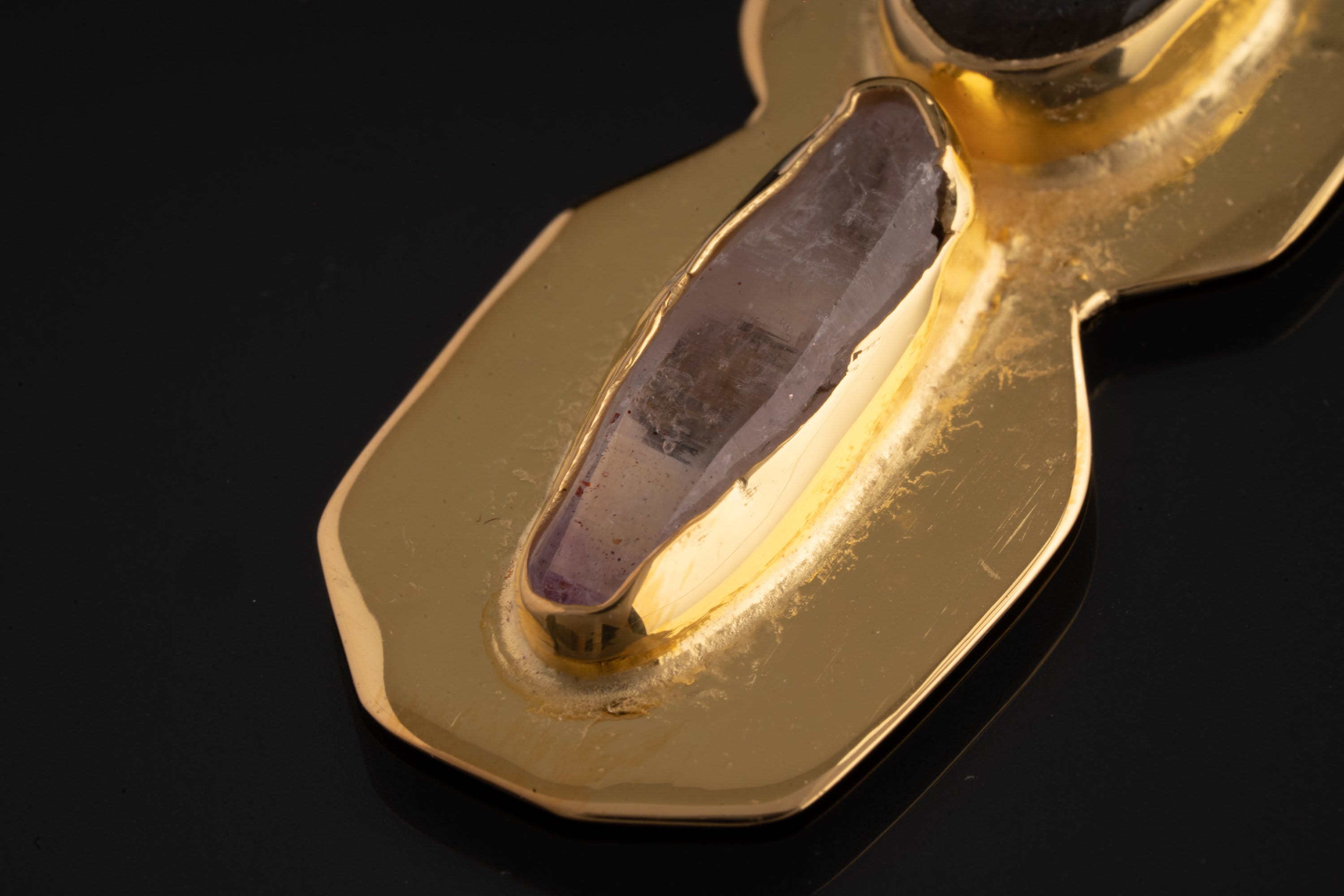 Brass Pendant adorned with Oval Labradorite & Vera Cruz Amethyst - Gold Plated - Double Bail Design