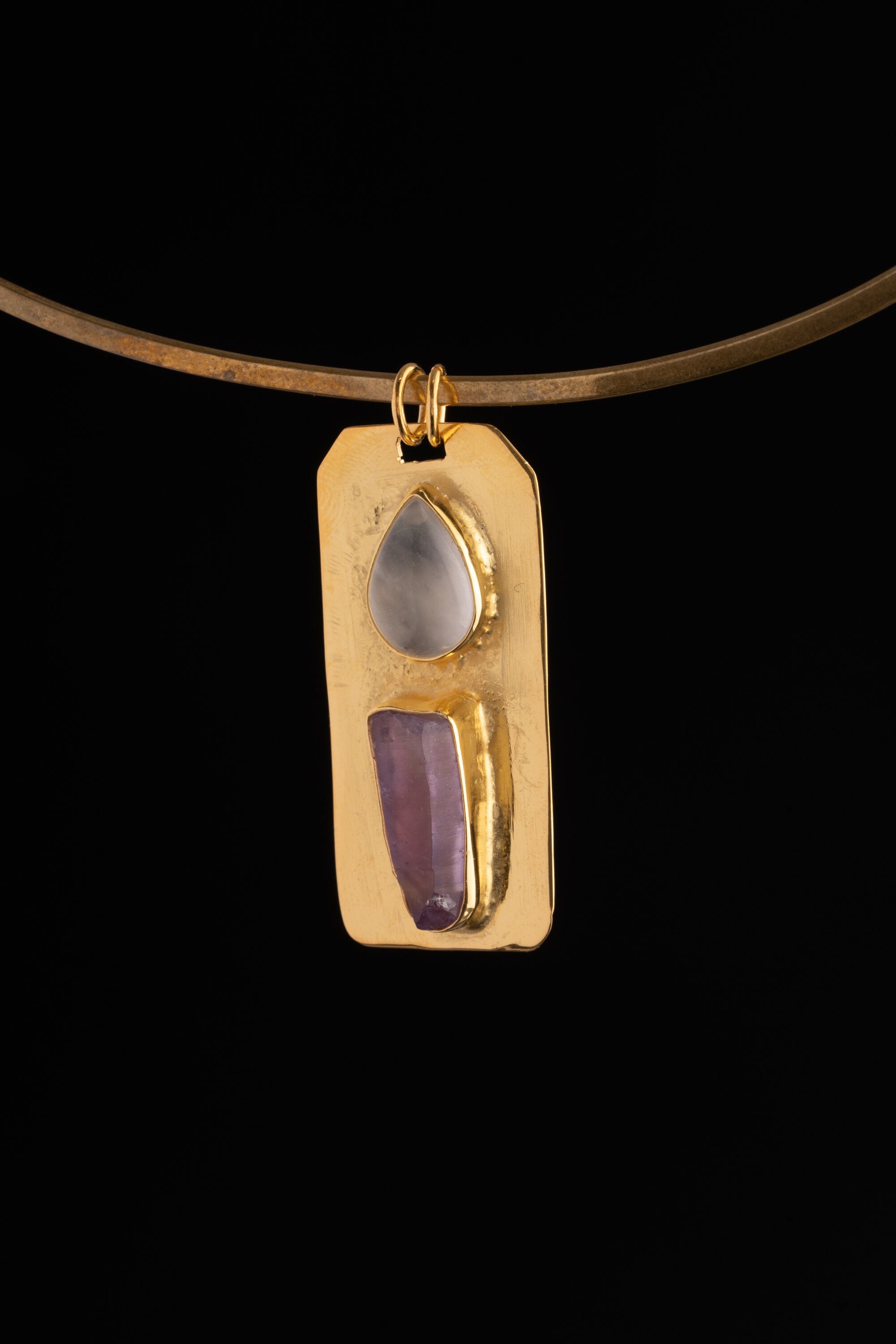 Brass Pendant adorned with Teardrop Moonstone & Vera Cruz Amethyst - Gold Plated - Double Bail Design