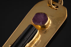 Ruby & Black Tourmaline - Brass Pendant - Gold Plated - Harmony and Contrast