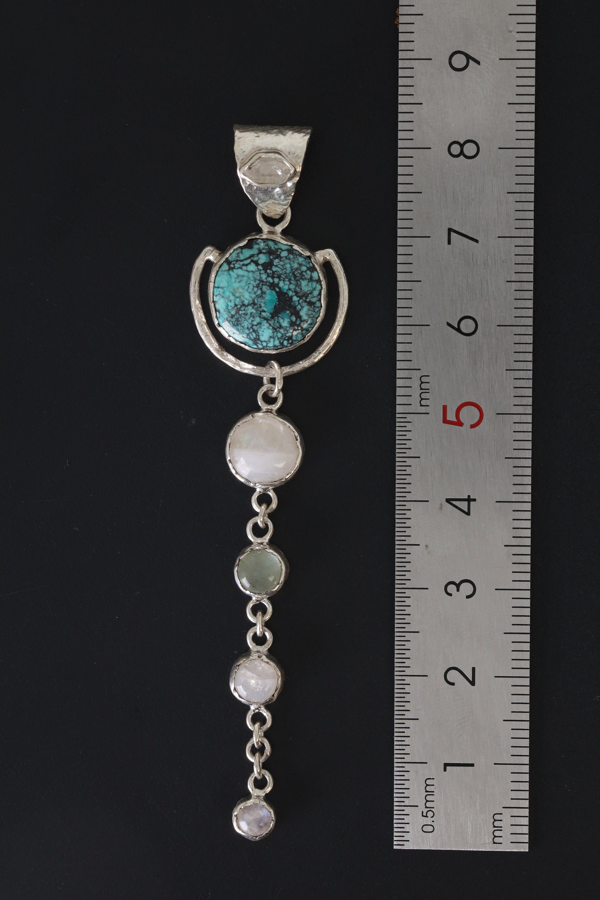 Sterling Silver Pendant with Round Turquoise, Orbital Dangling Moonstones, Aquamarine Textured Finish, Balance & Spiritual Awareness