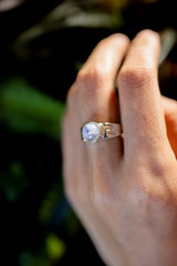 Round Vibrant Blue Moonstone Cabochon - Hammered Ring Band - Unisex - 925 Sterling Silver Setting - High Shine Polish