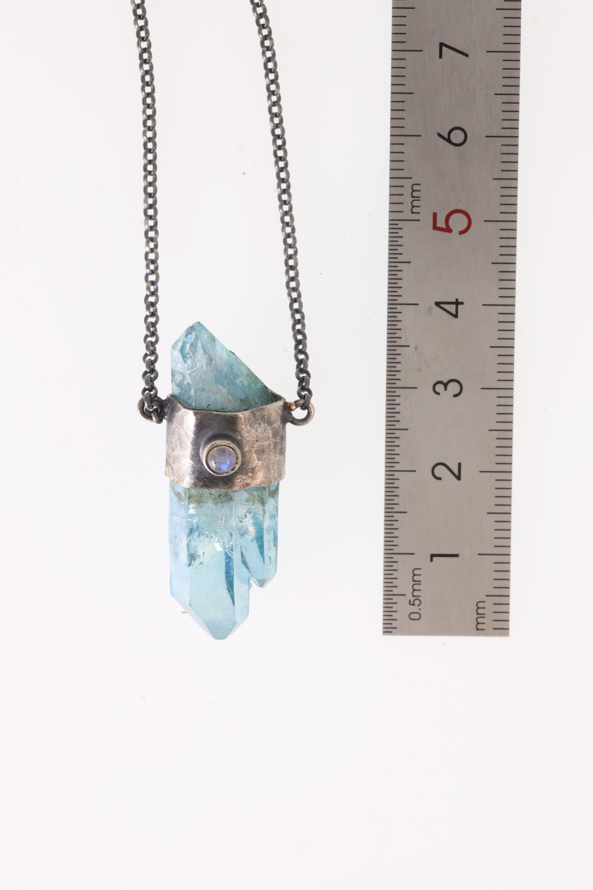 Twin DT Aqua Aura Quartz Point, Ethiopian Opal & Blue Moonstone Pendant Textured and Oxidized Sterling Silver, Wrapped Crystal 16-Inch Chain