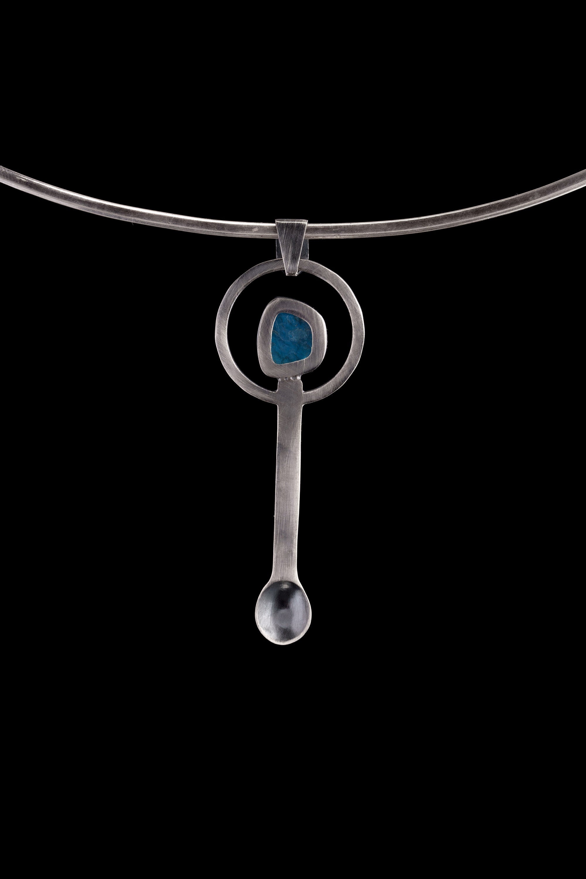 Blue Apatite - Spice / Ceremonial Spoon - 925 Cast Silver - Unique Brushed Texture - Crystal Pendant Necklace