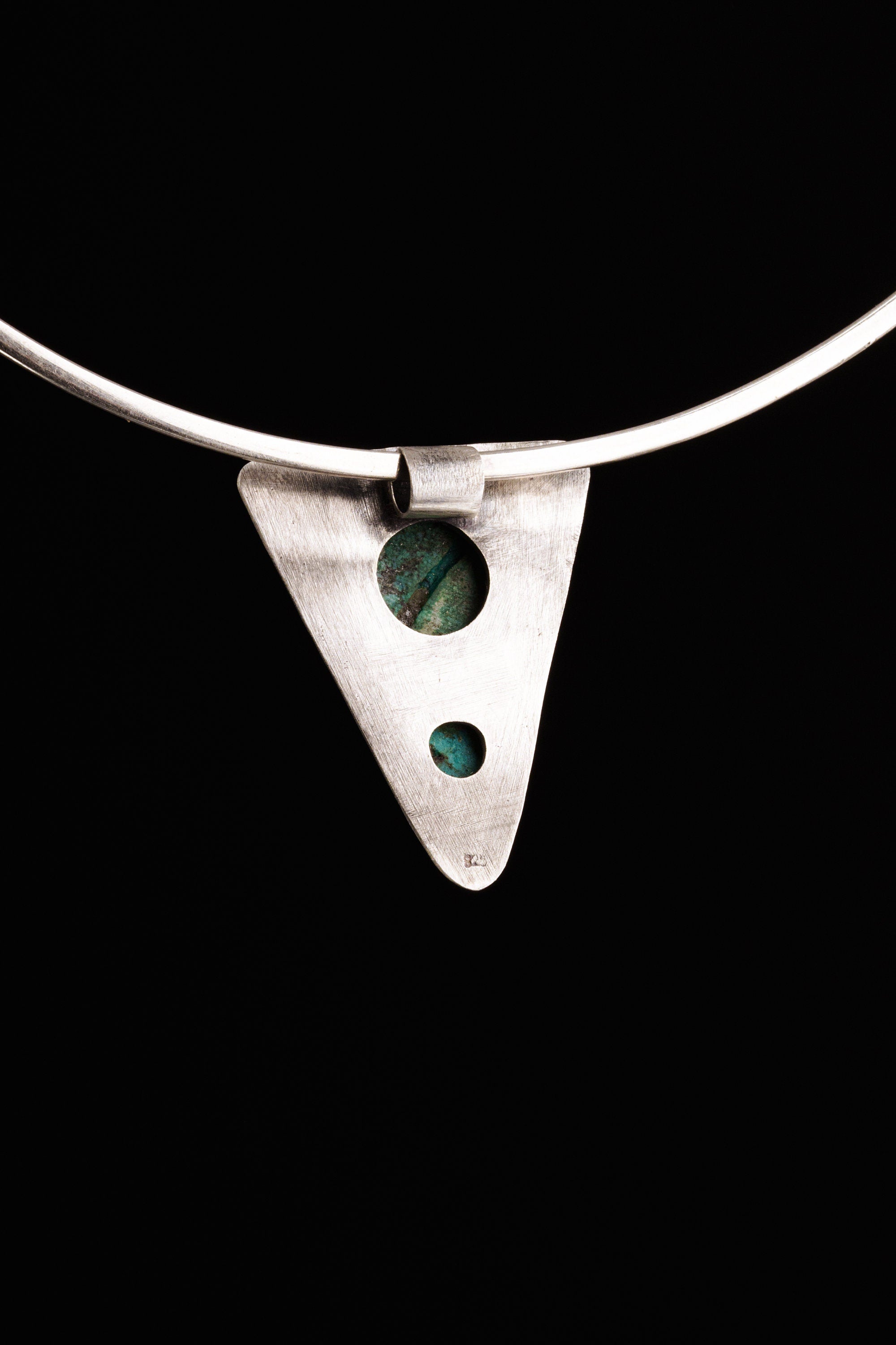 Turquoise Triangle Pendant, 925 Sterling Silver, Hammered Texture, Oxidized Finish, Calming Throat Chakra, Unique Gift - NO/02