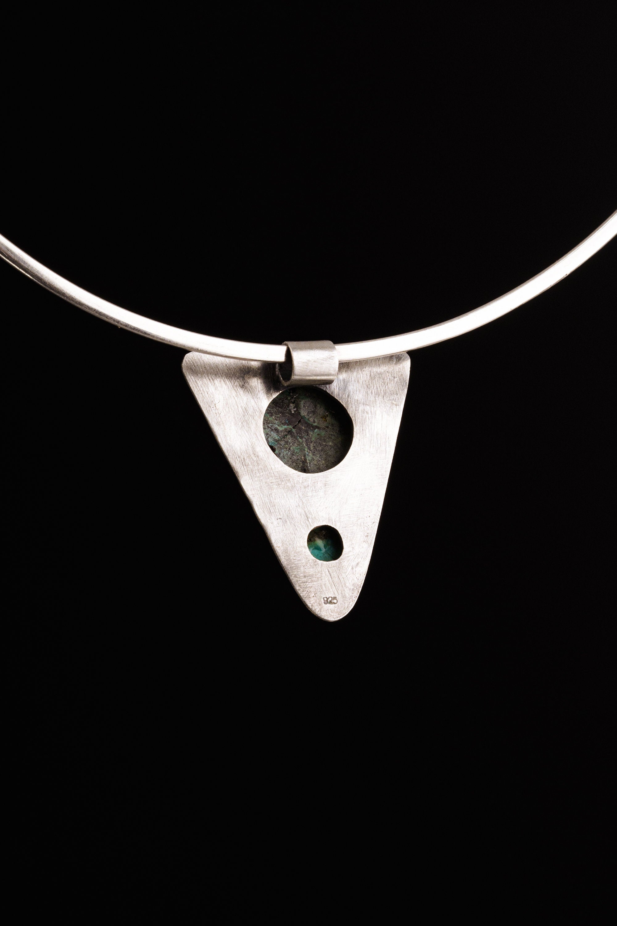 Turquoise Triangle Pendant, 925 Sterling Silver, Hammered Texture, Oxidized Finish, Calming Throat Chakra, Unique Gift - NO/01