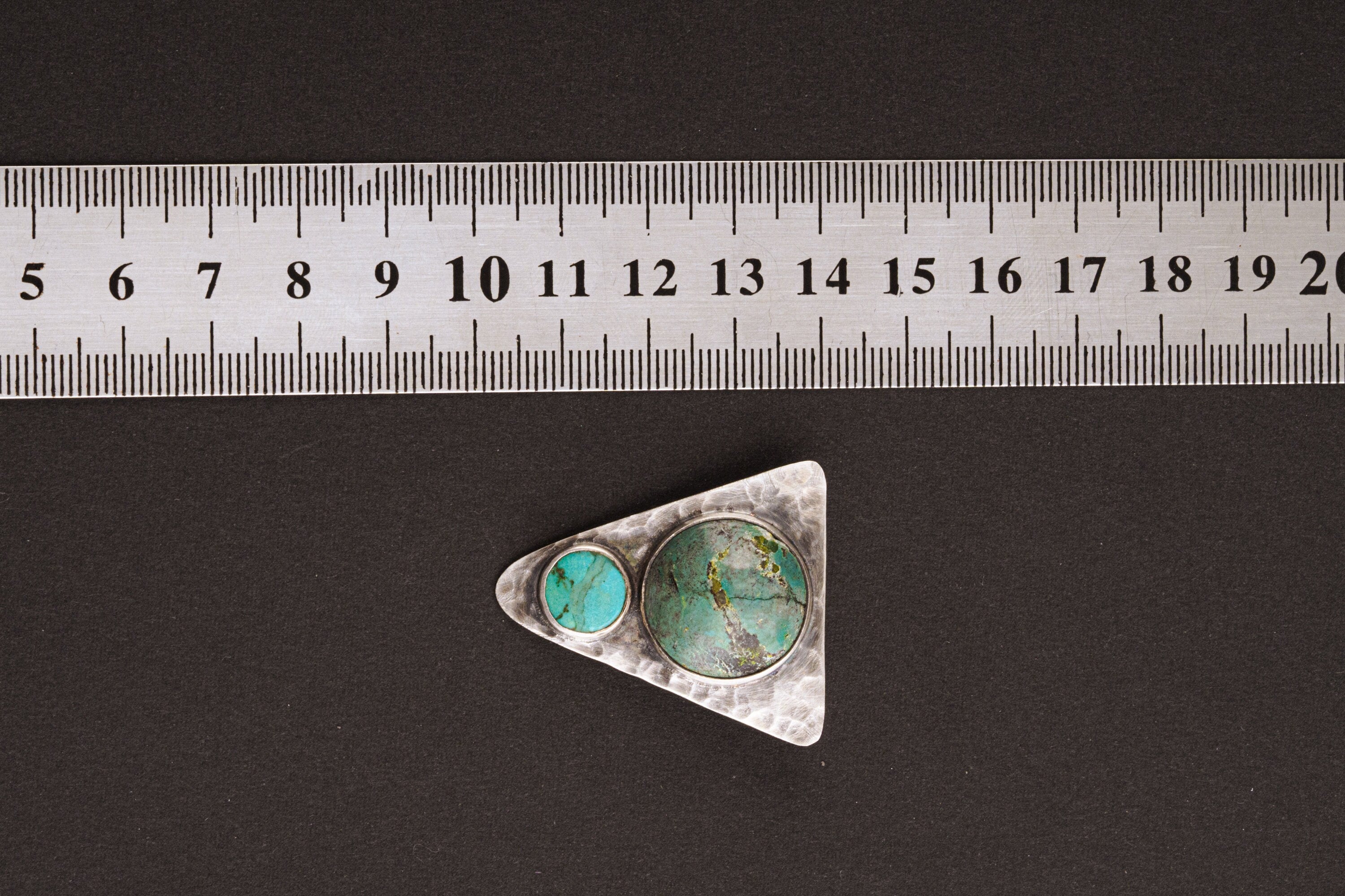 Turquoise Triangle Pendant, 925 Sterling Silver, Hammered Texture, Oxidized Finish, Calming Throat Chakra, Unique Gift - NO/01