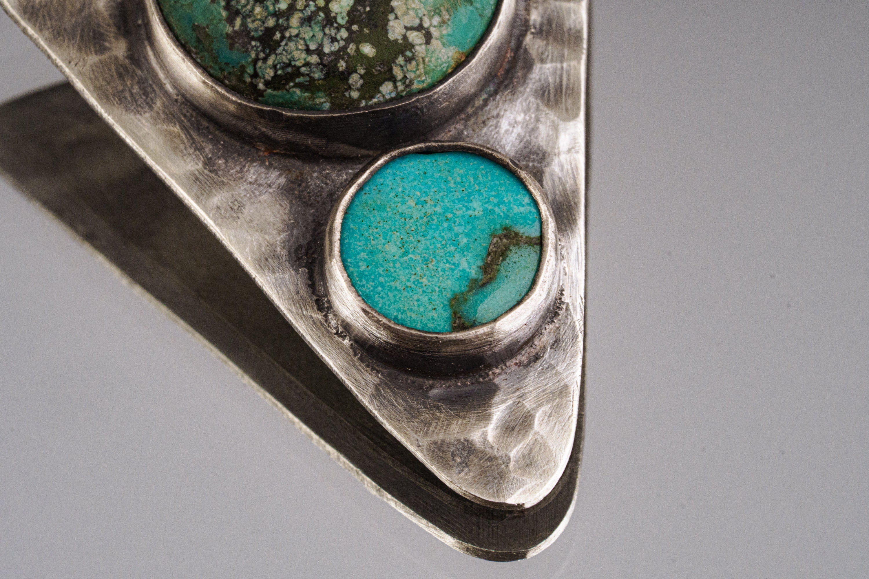 Turquoise Triangle Pendant, 925 Sterling Silver, Hammered Texture, Oxidized Finish, Calming Throat Chakra, Unique Gift - NO/02