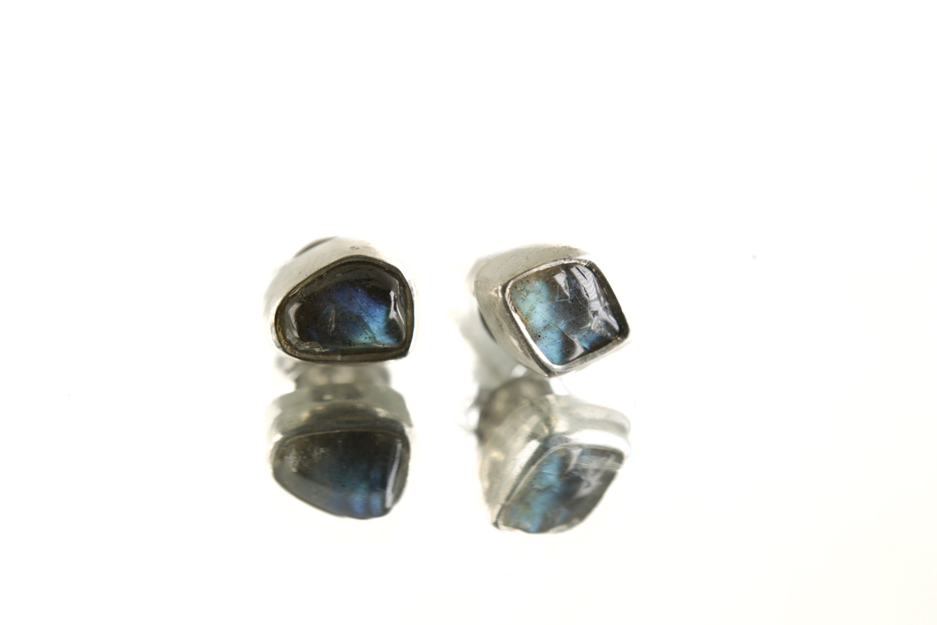 Sterling Silver Earrings with Organic Shaped Rainbow Labradorite, Polished Finish, Freeform Studs, Spiritual Growth & Balance